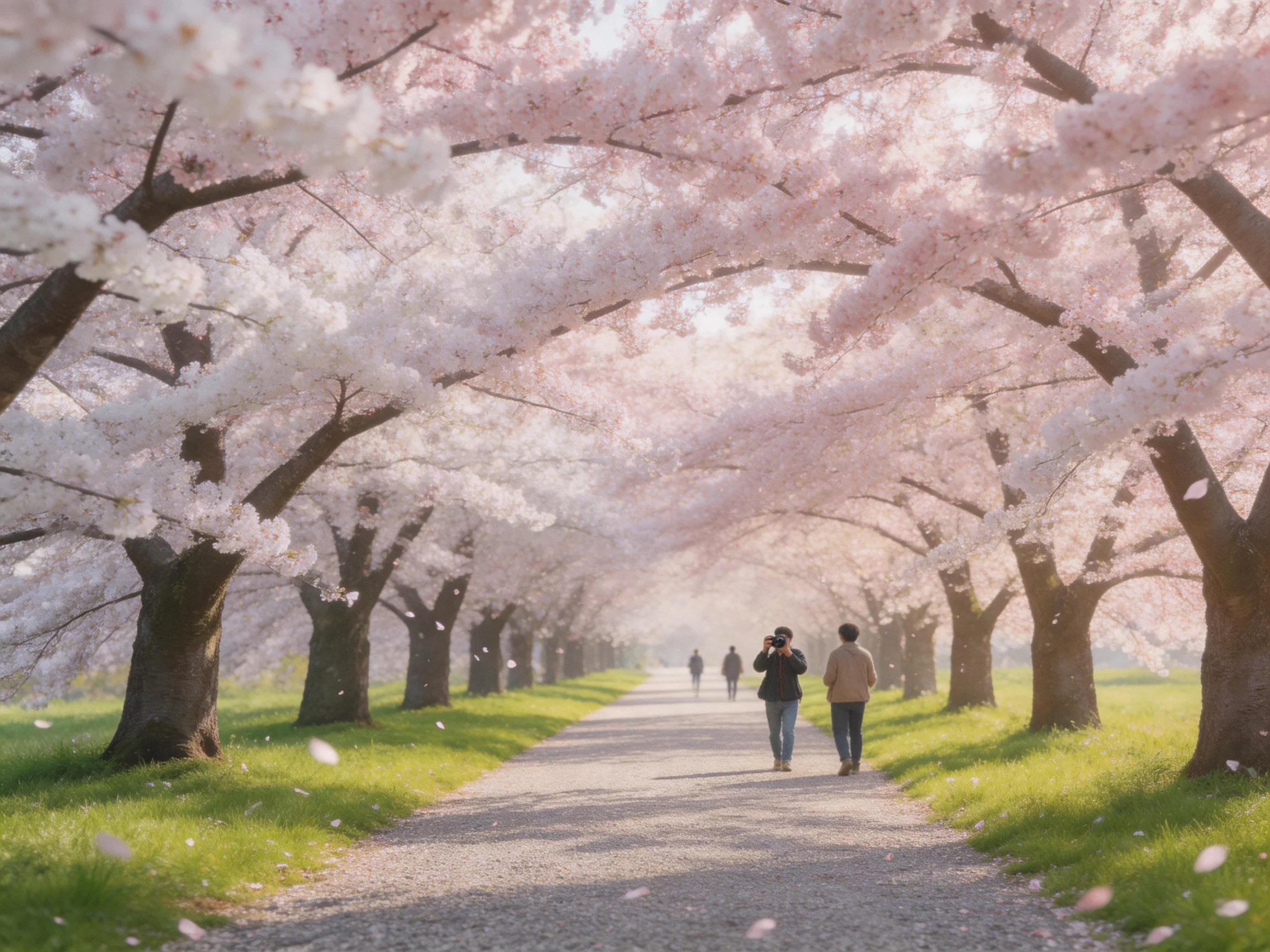 Cherry blossom trees form a pink floral tunnel over a gravel path