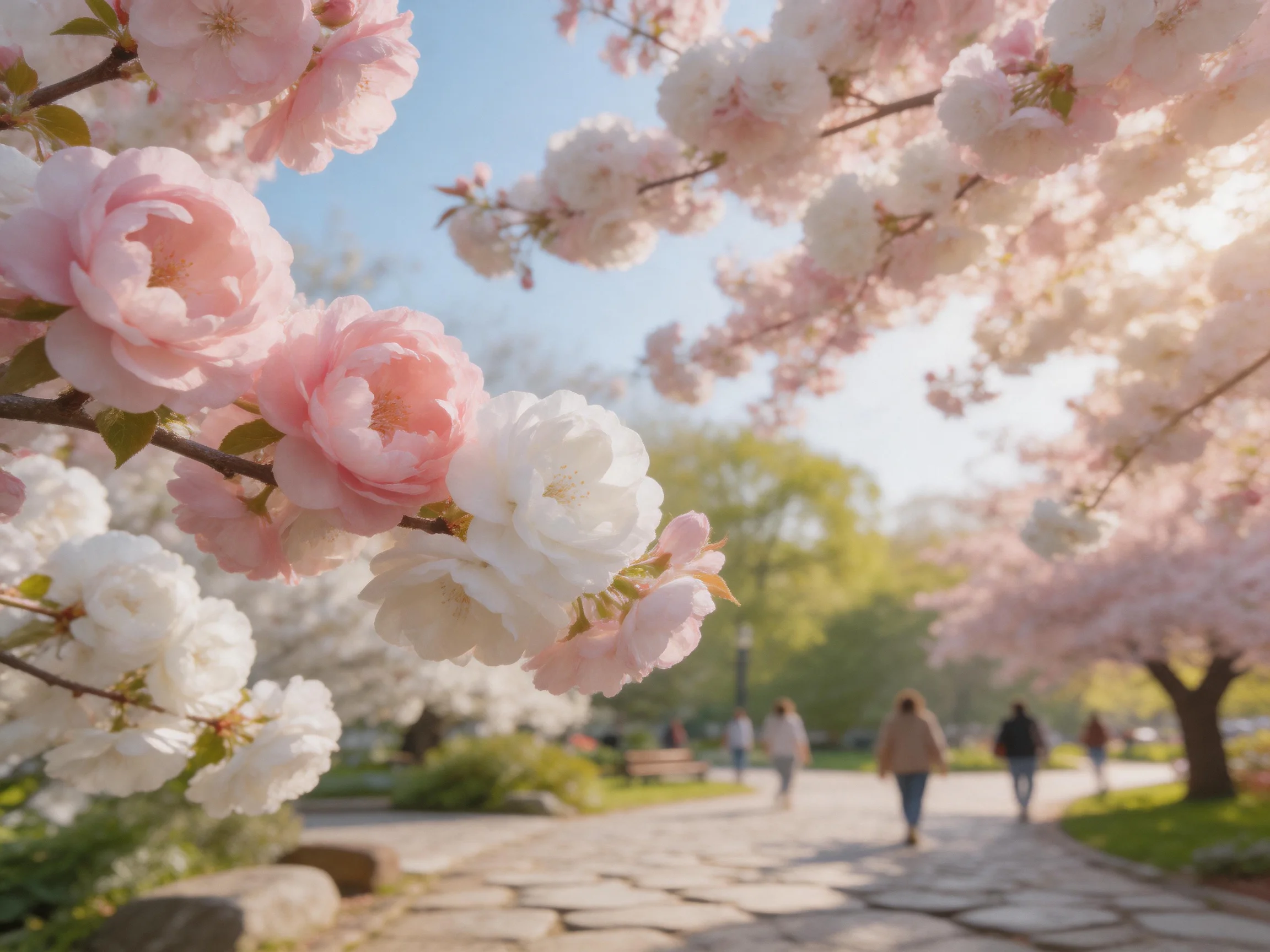 Cherry blossom trees in pink and white bloom along a stone path with pedestrians