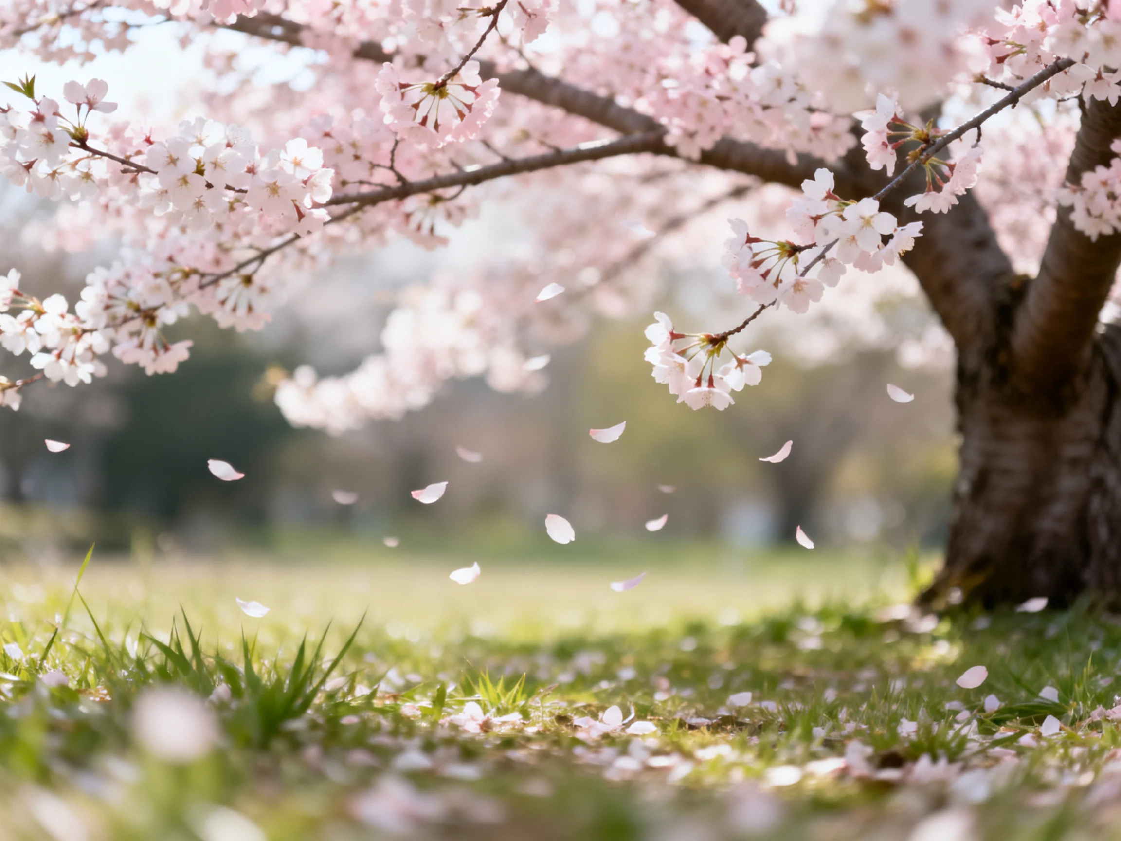 Cherry blossom treewith pink blooms and falling petals on green grass
