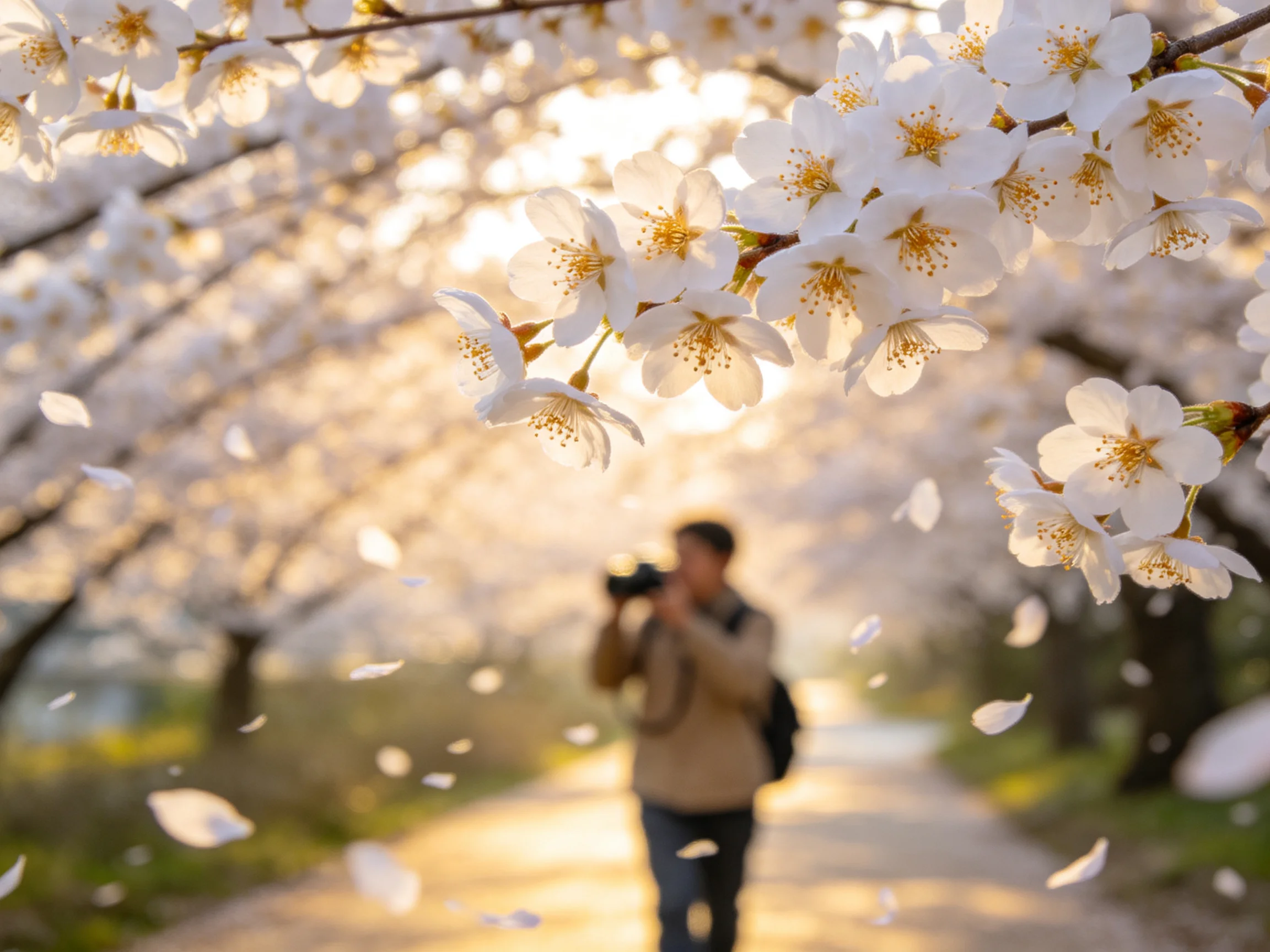 Cherry blossom tunnel with photographer capturing falling petals