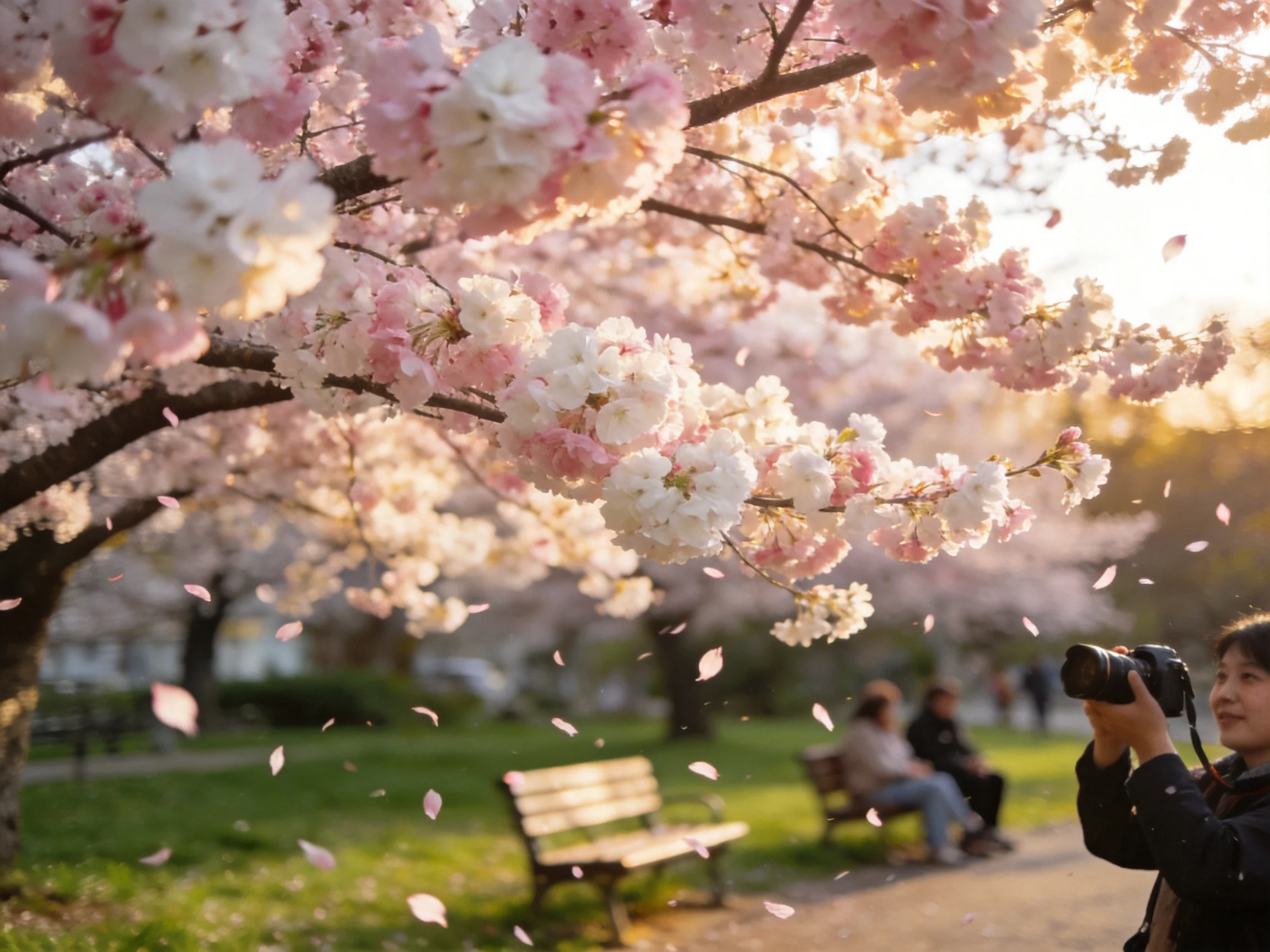 Cherry blossoms bloom with falling petals in a sunlit park