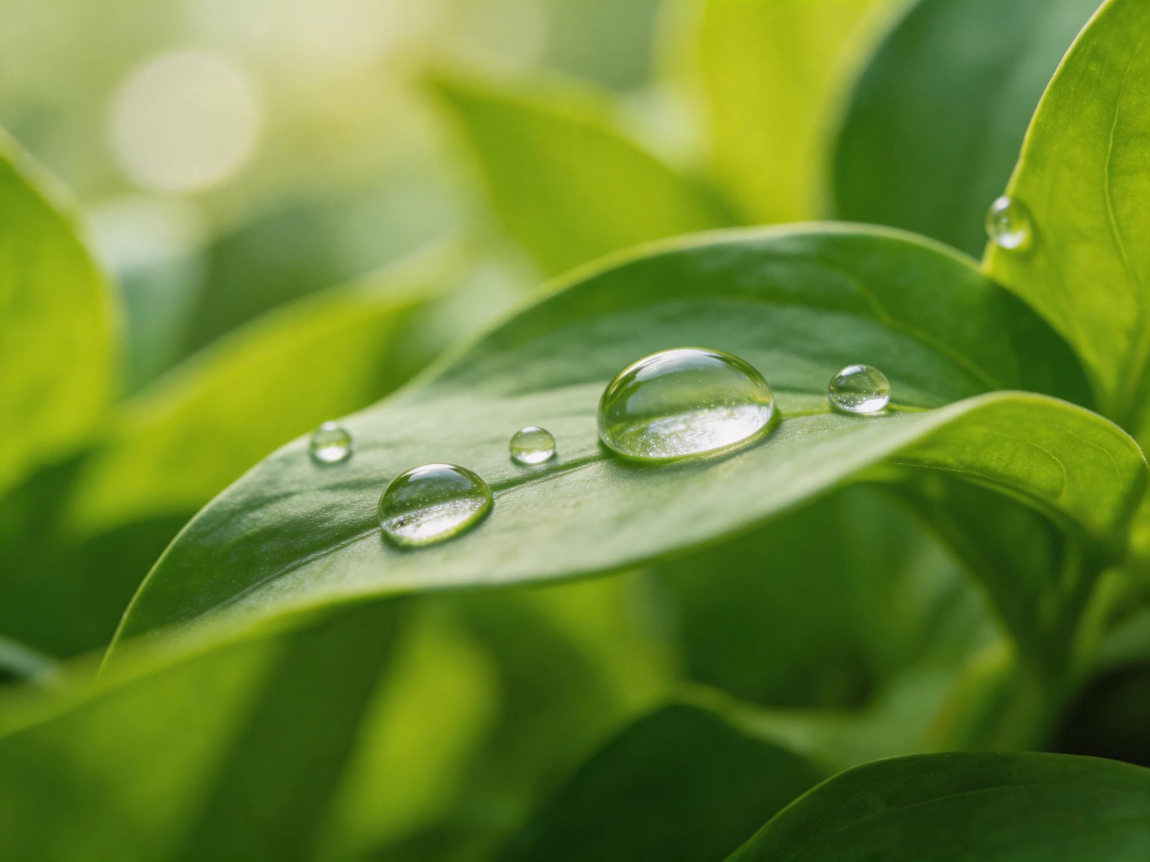 Clear water droplets adorn vibrant green leaves in soft natural light
