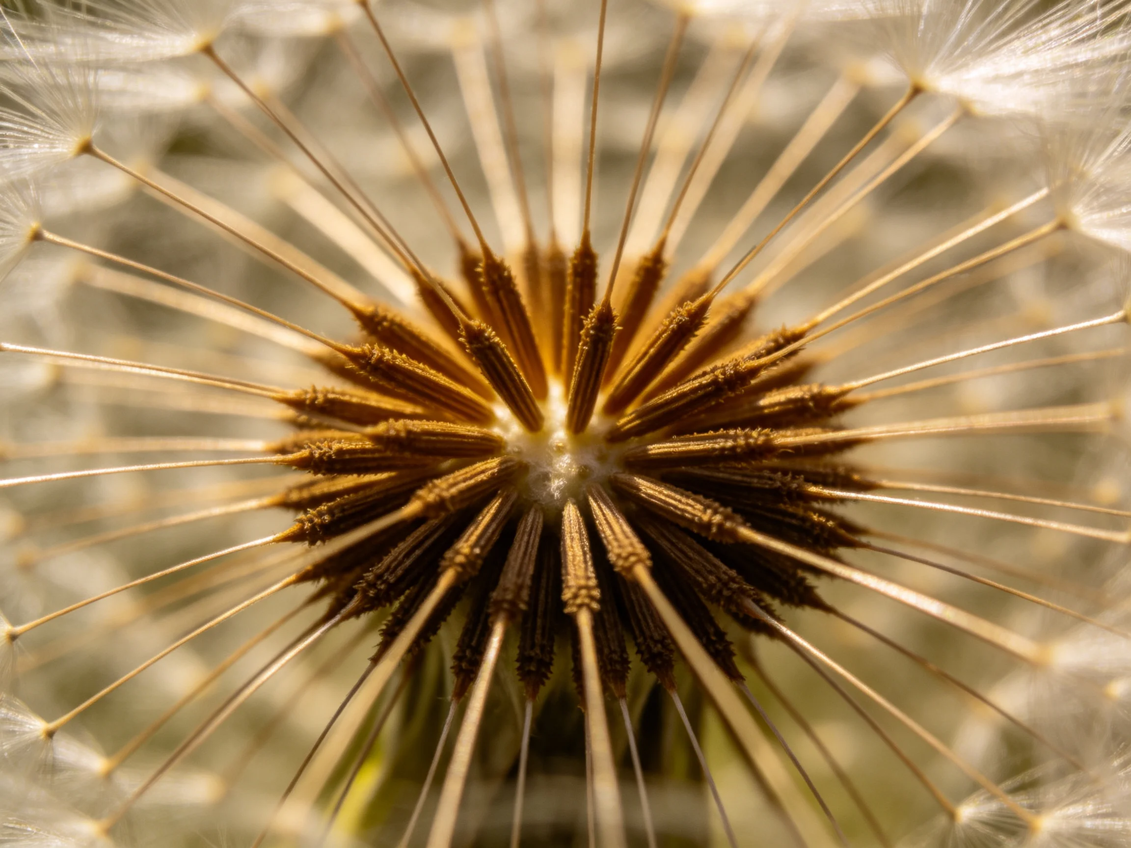 Close-up of a Dandelion Seed Head with Brown Center and White Filaments