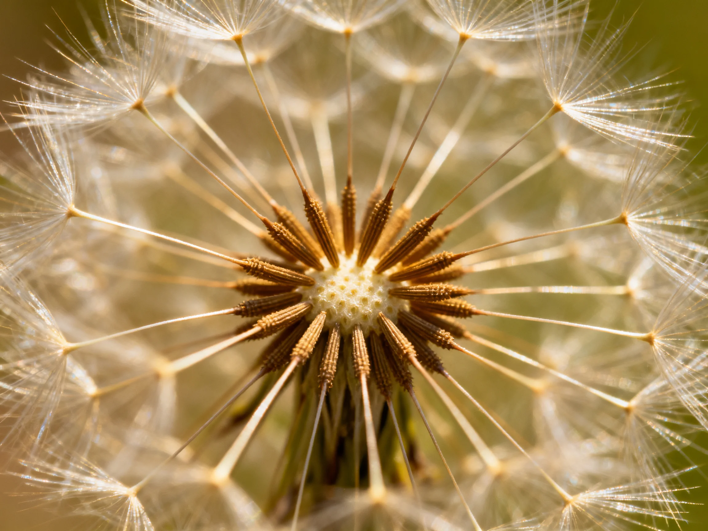 Close - up of a dandelion seed head with golden - brown center and delicate white filaments