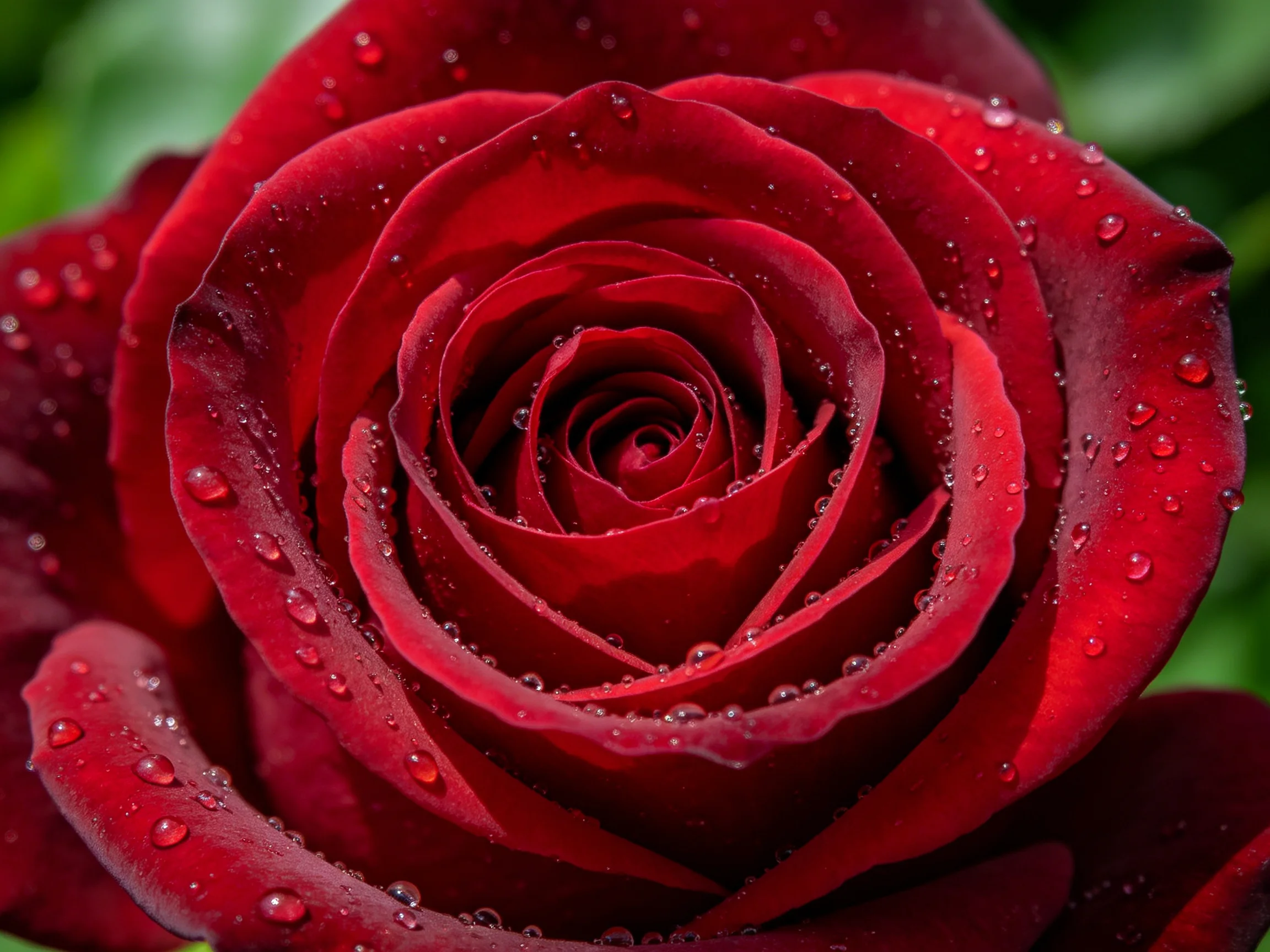 Close - up of a deep red rose with numerous water droplets