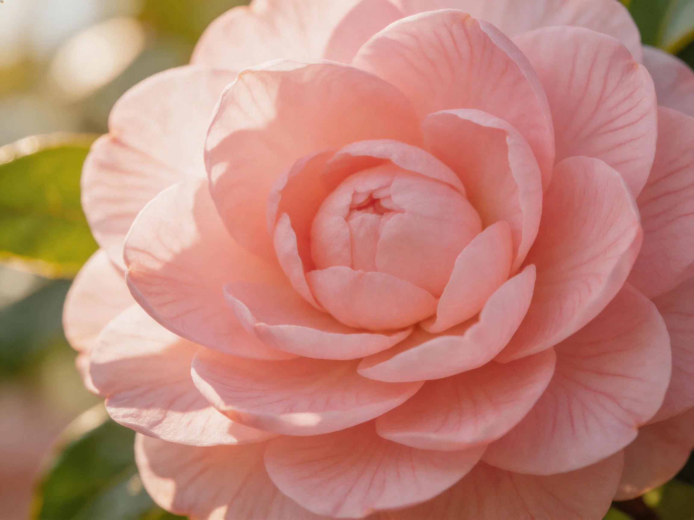 Close-up of a fully bloomed pink camellia with layered petals