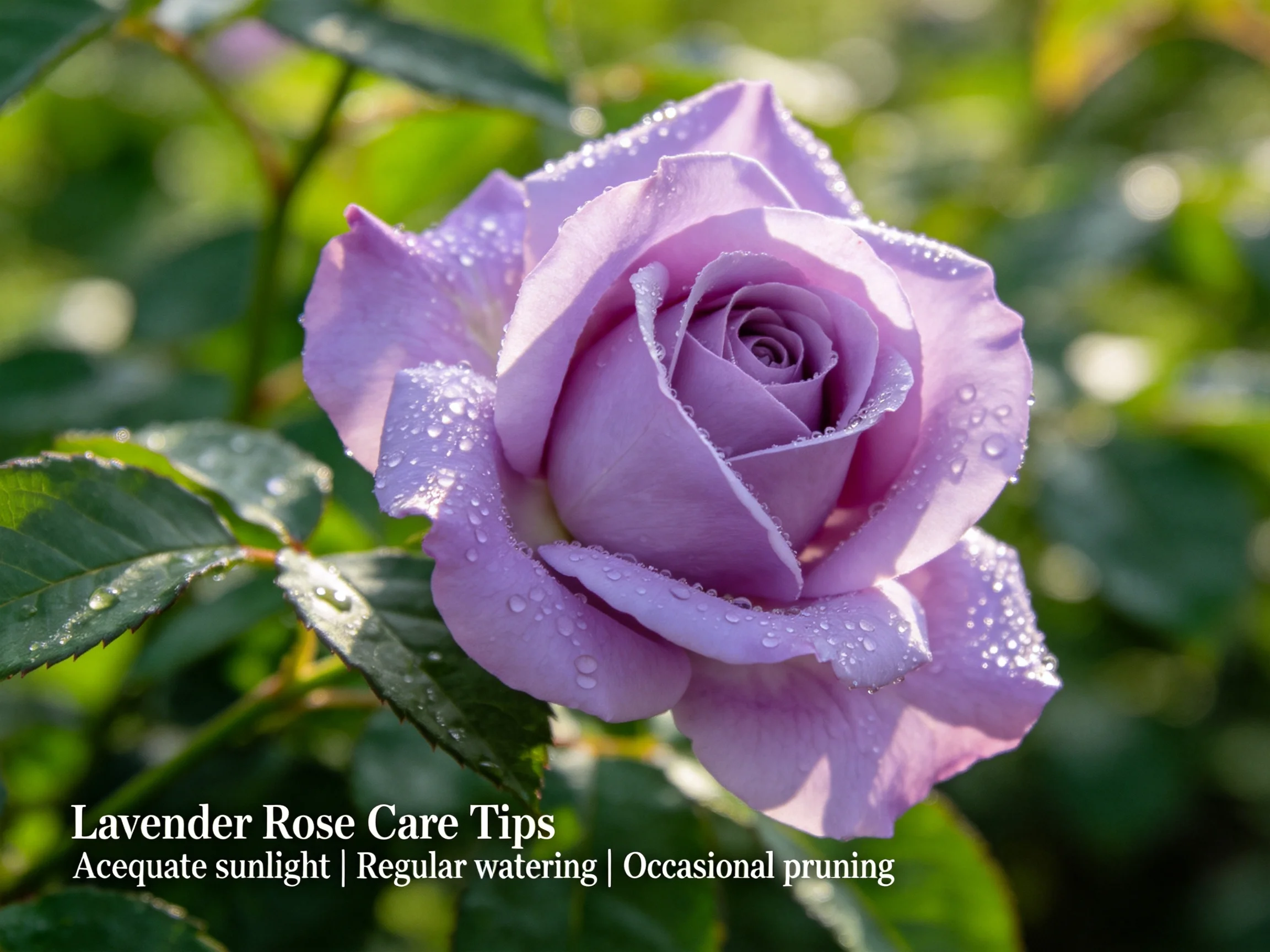 Close-up of a lavender rose with dewdrops and green leaves