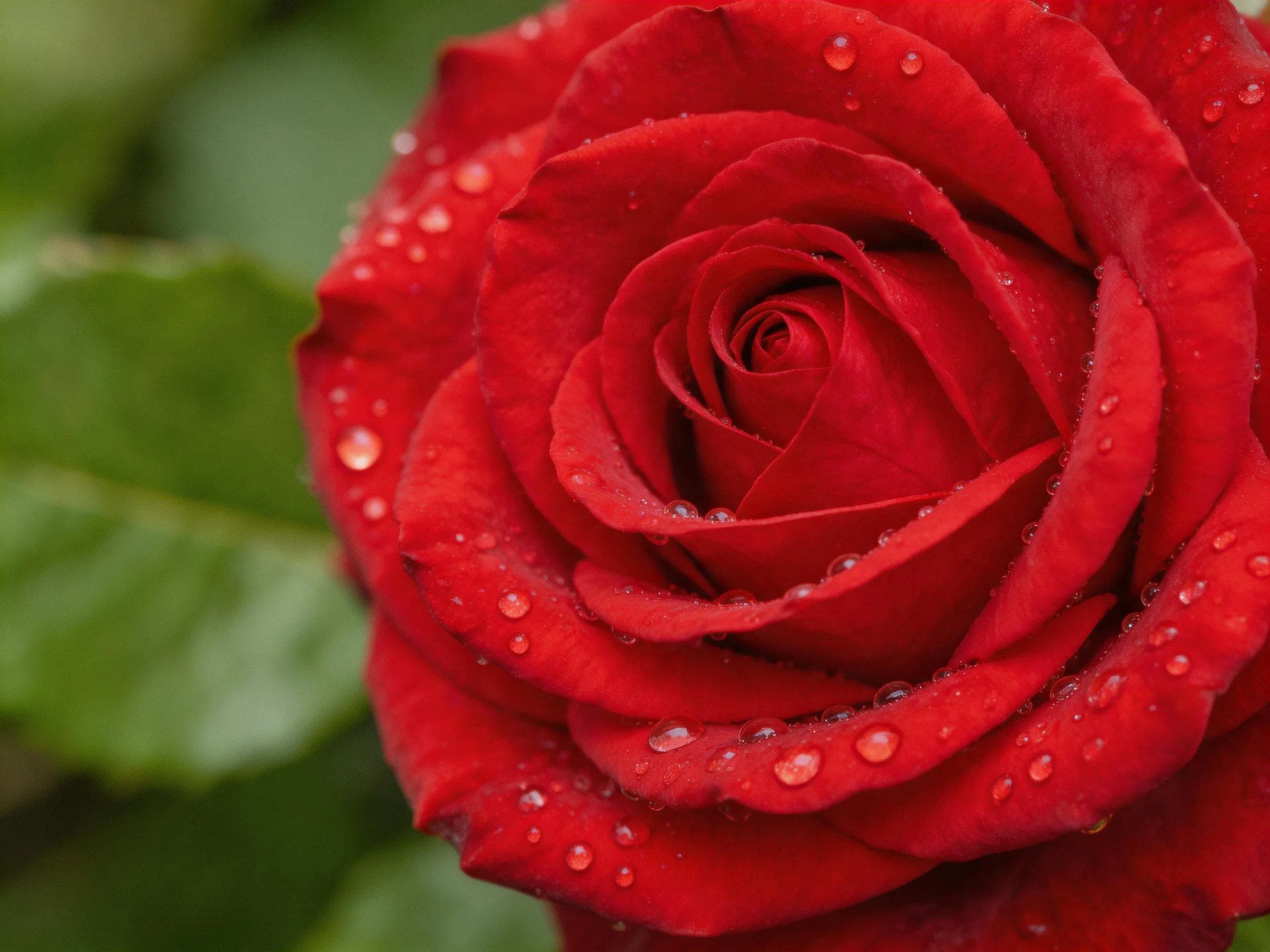 Close - up of a rich red rose with glistening water droplets