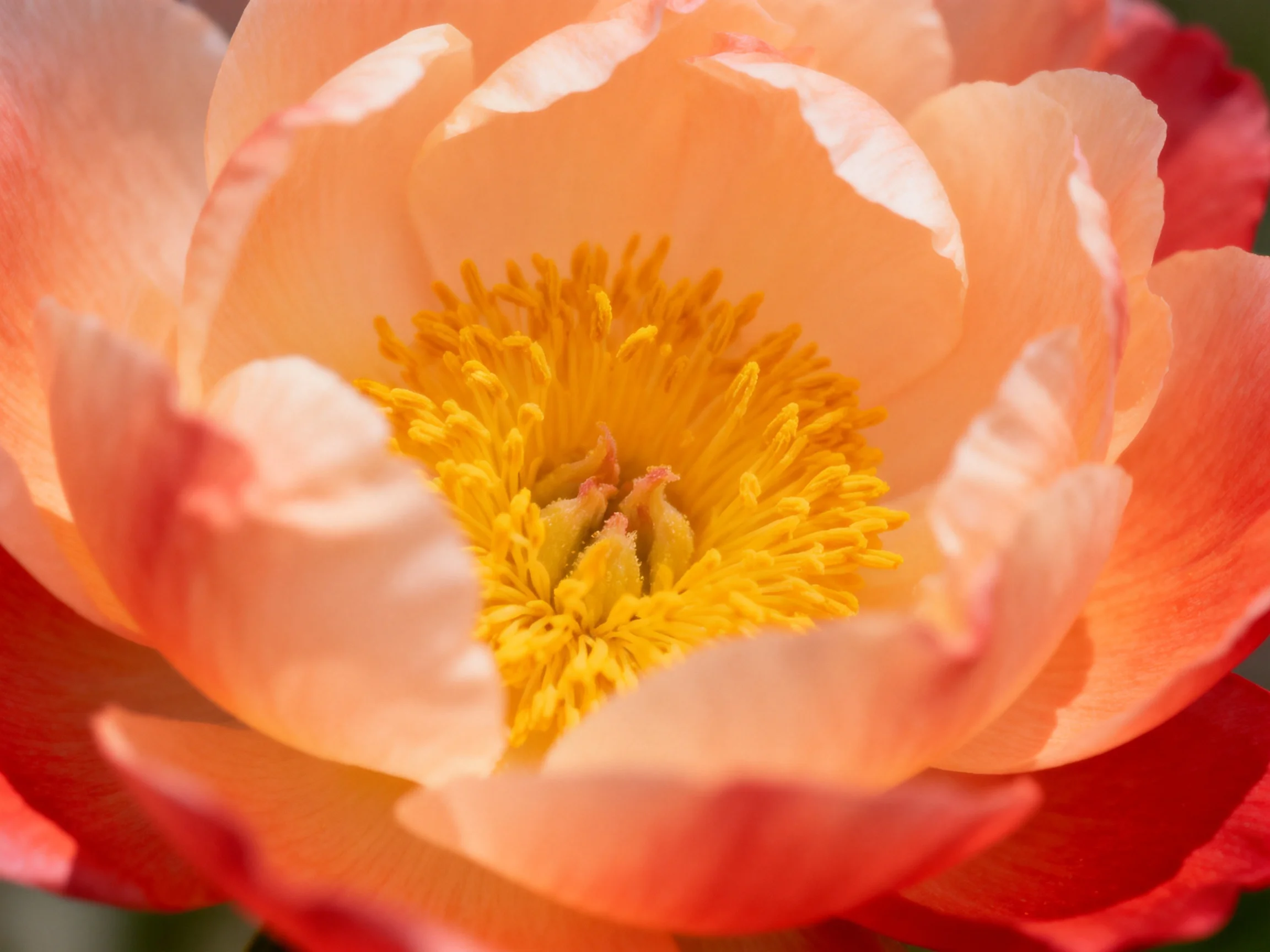 Close-up of a vibrant peony with peach and red petals, bright yellow center