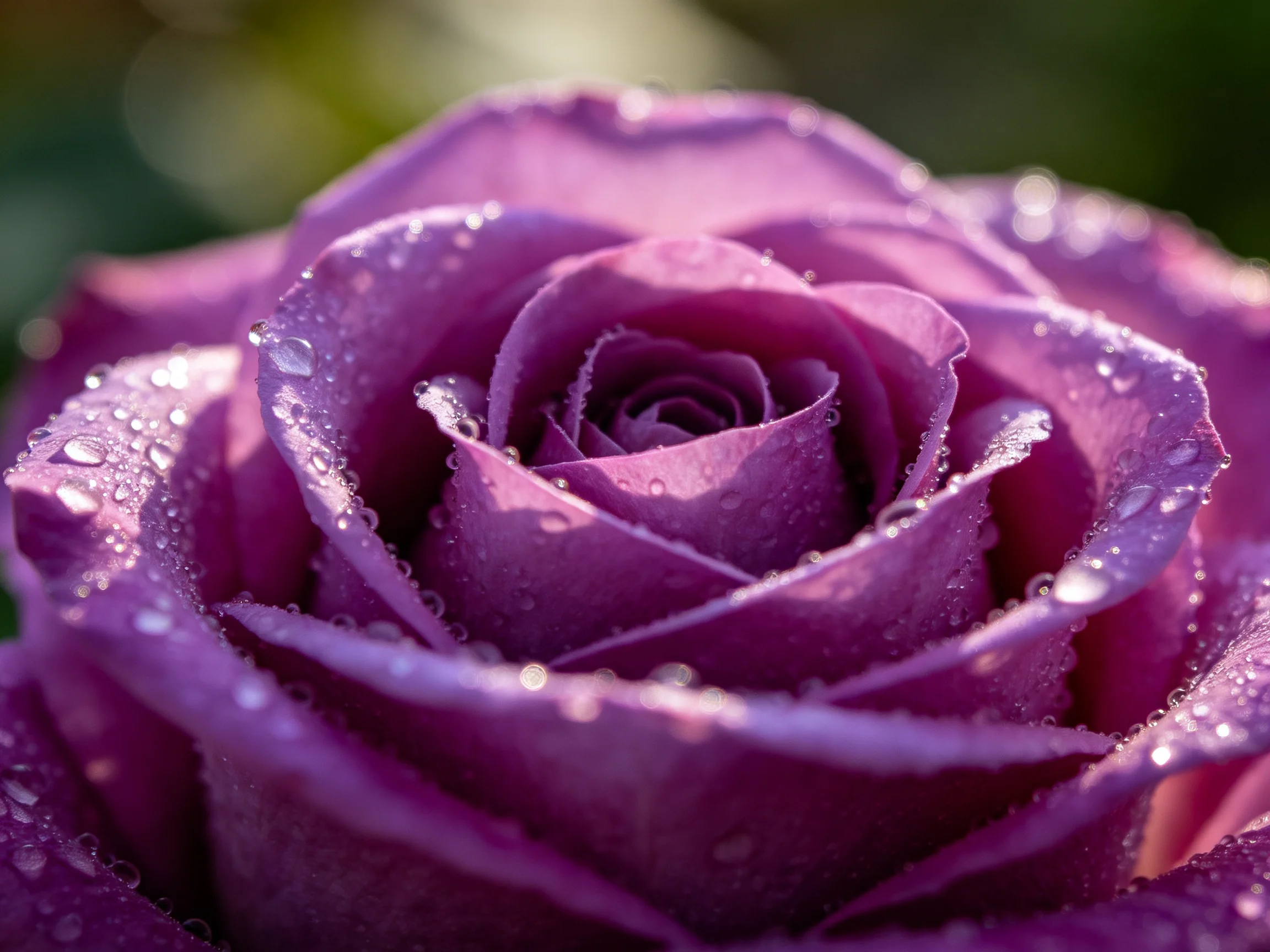 Close - up of a vibrant purple rose with glistening water droplets