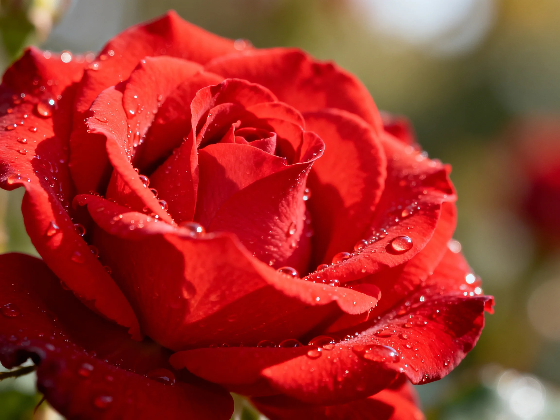 Close - up of a vibrant red rose covered in dewdrops