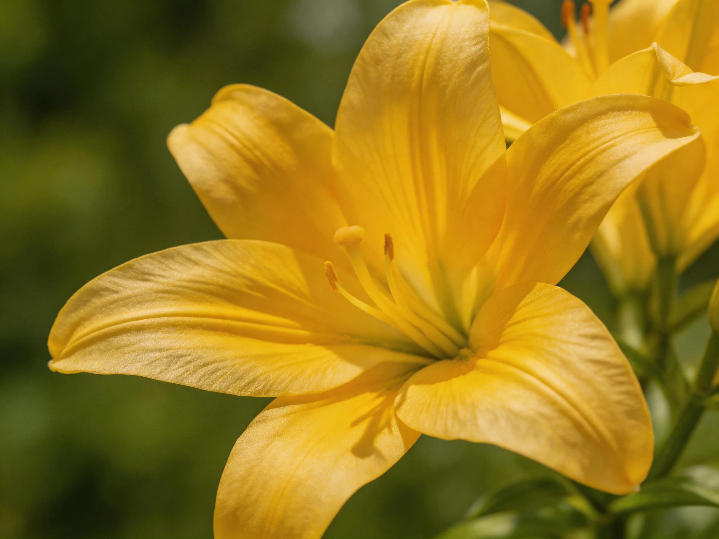 Close-up of a vibrant yellow lily with blurred green surroundings