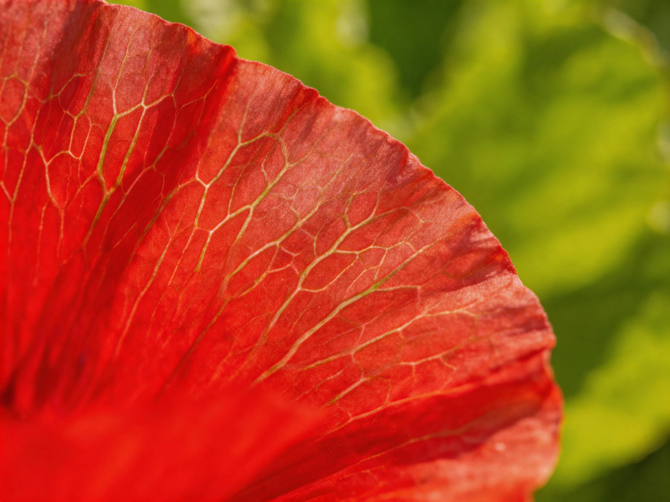 Close-up of a vivid red flower petal with intricate vein details and blurred green backdrop.