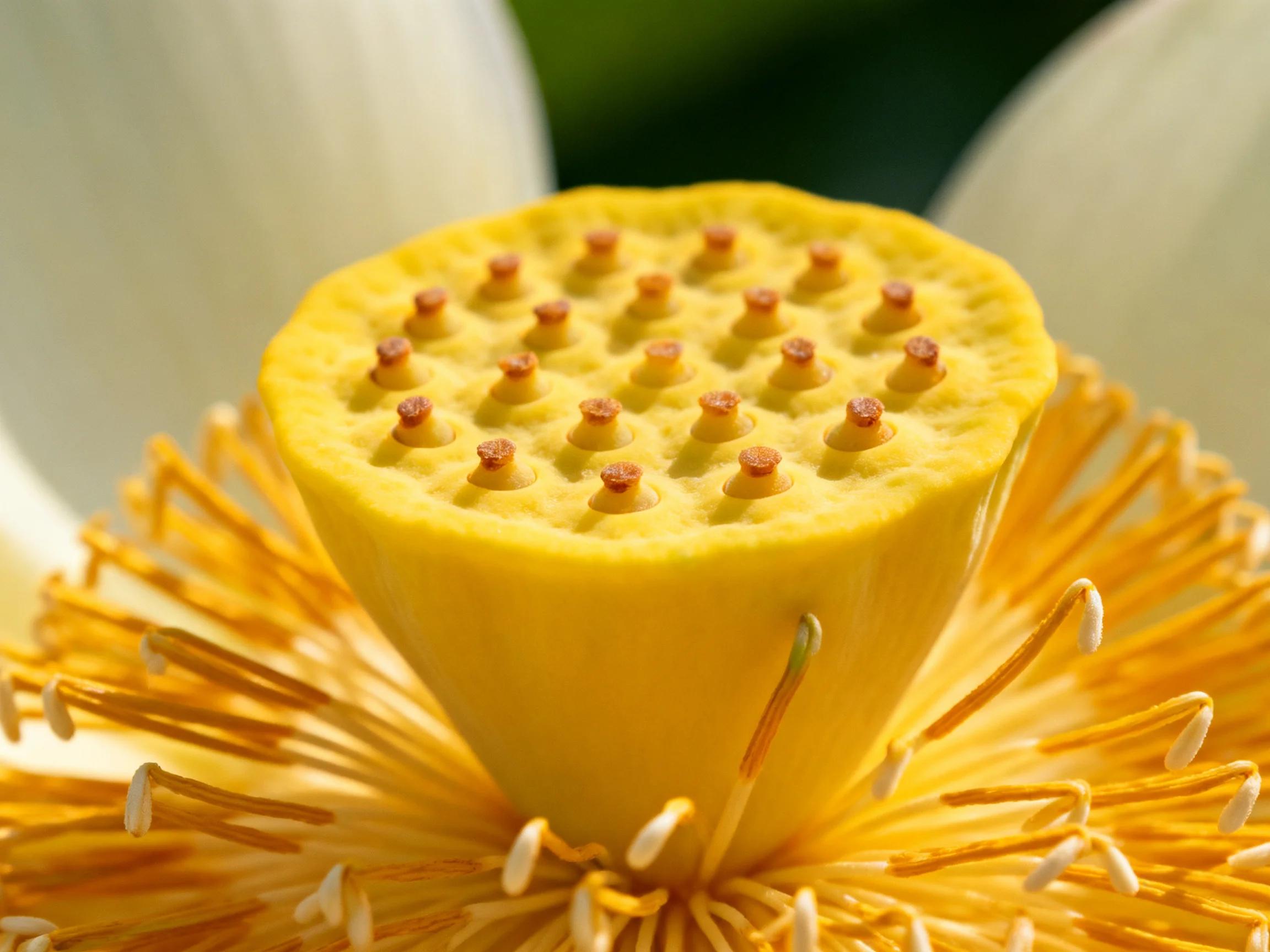 Close - up of a yellow lotus center with brown stamens