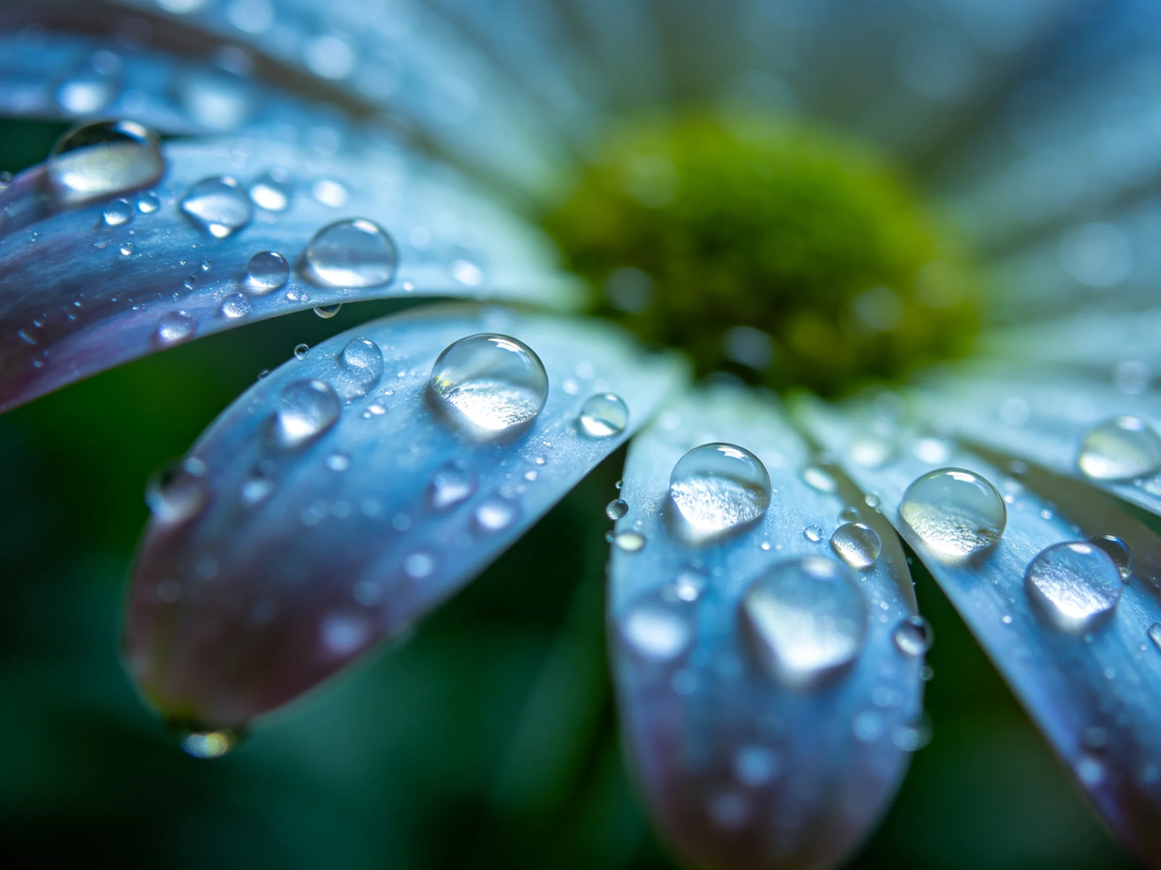 Close - up of blue flower petals with glistening water droplets