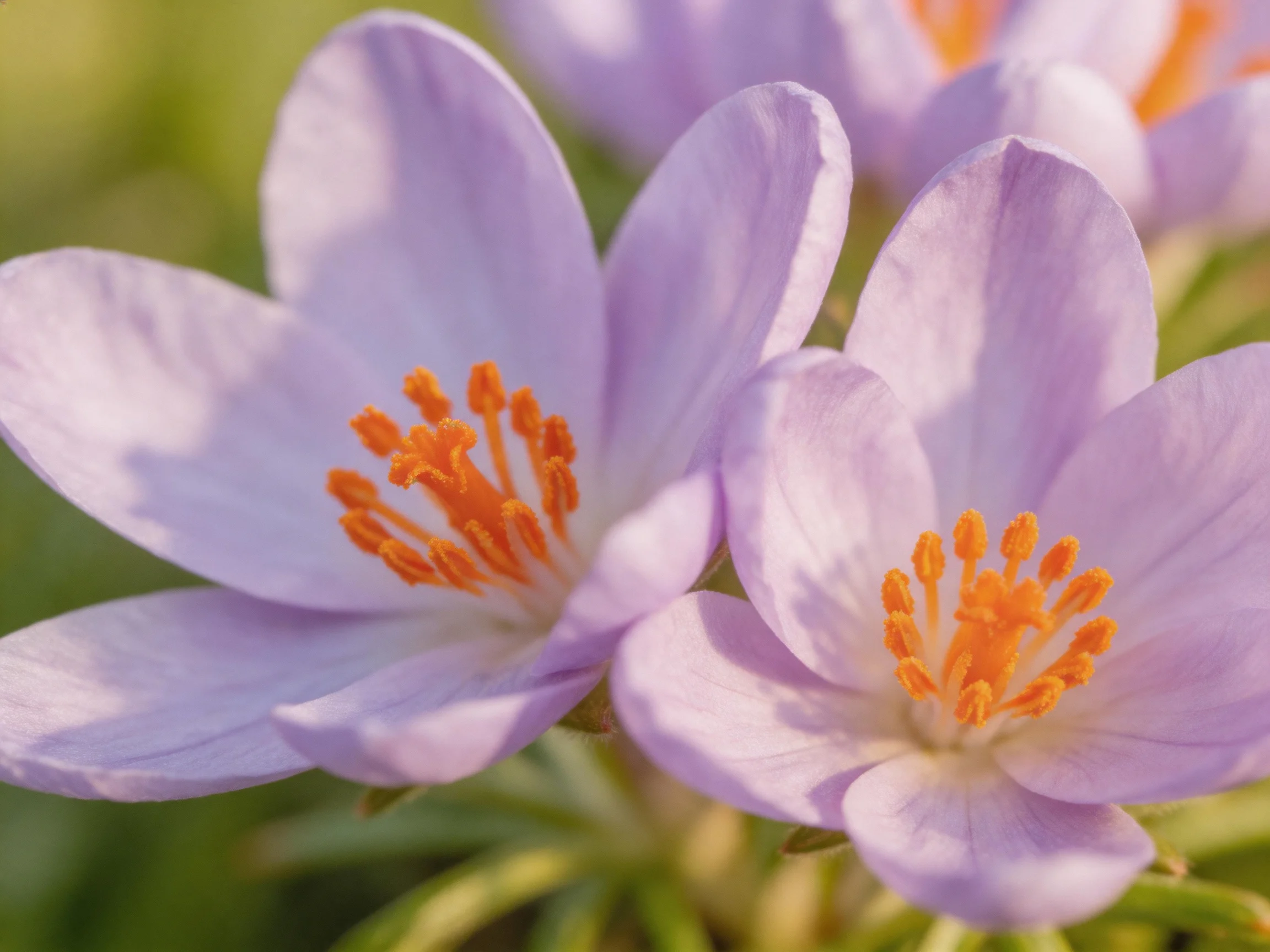 Close-up of delicate lavender crocus blooms with bright orange stamens