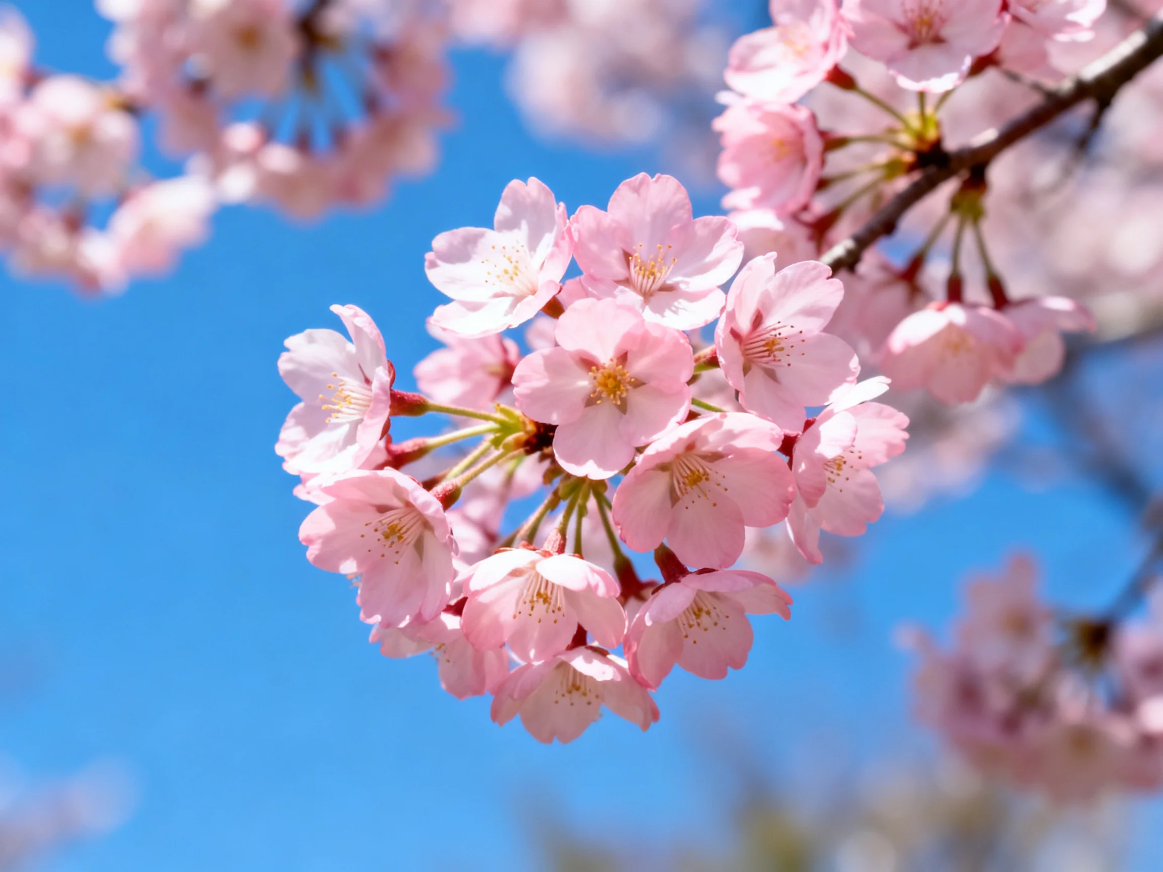 Close - up of delicate pink cherry blossom clusters against bright blue sky