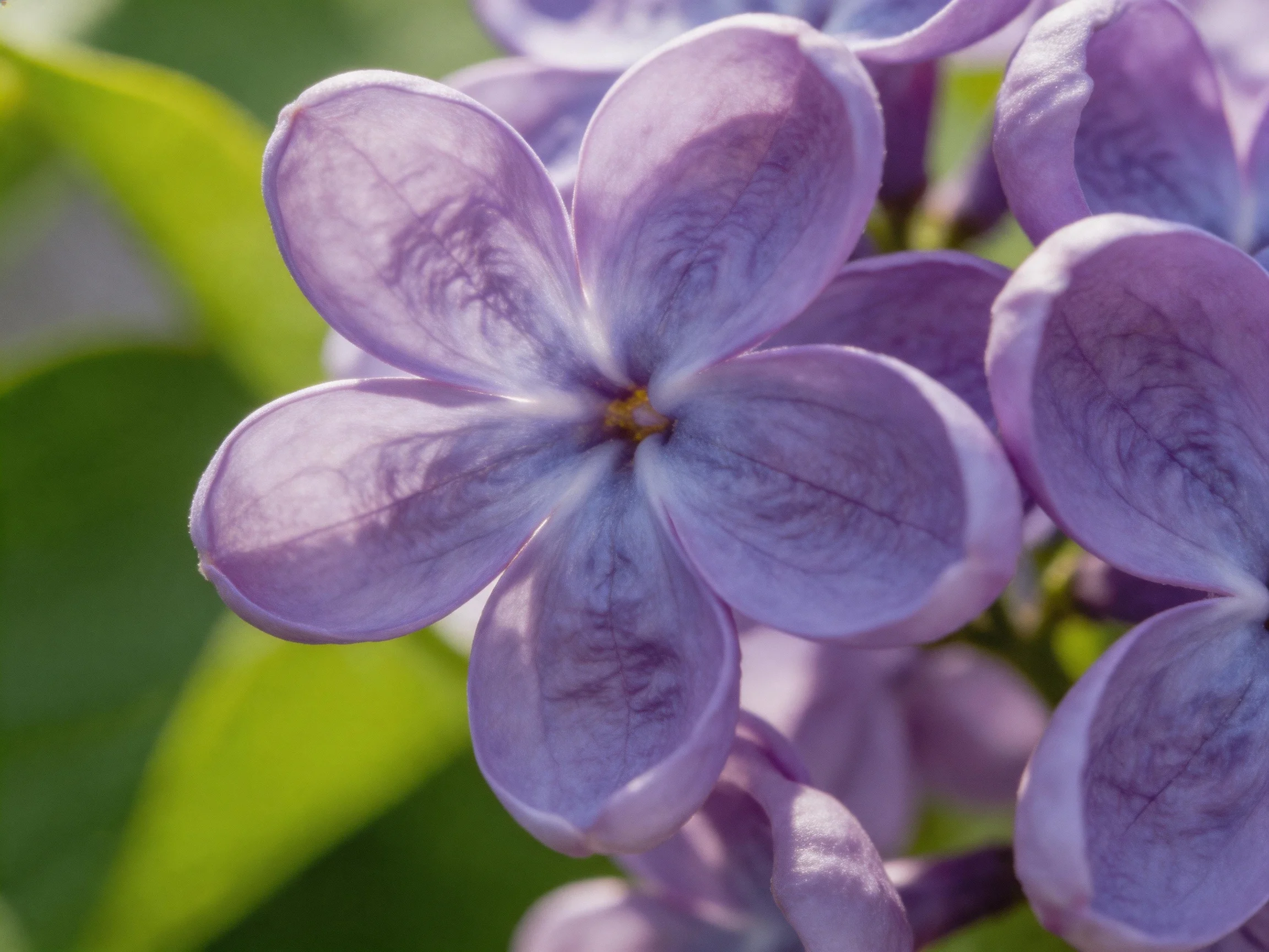 Close-up of delicate purple lilac blossoms with soft green foliage