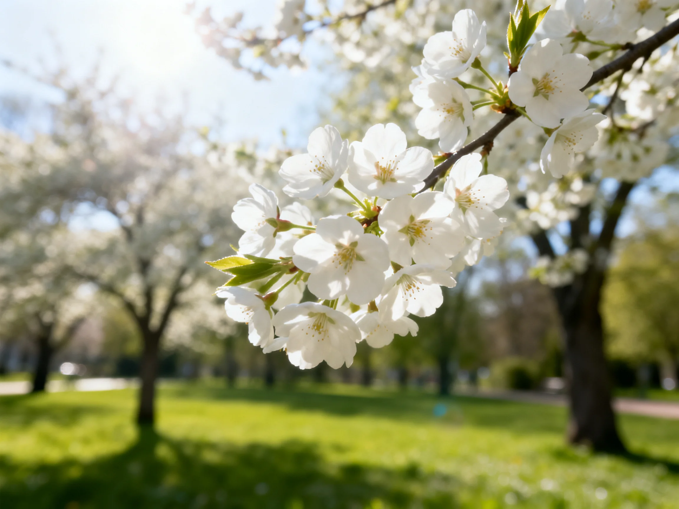 Close-up of delicate white cherry blossom clusters in a sunlit park