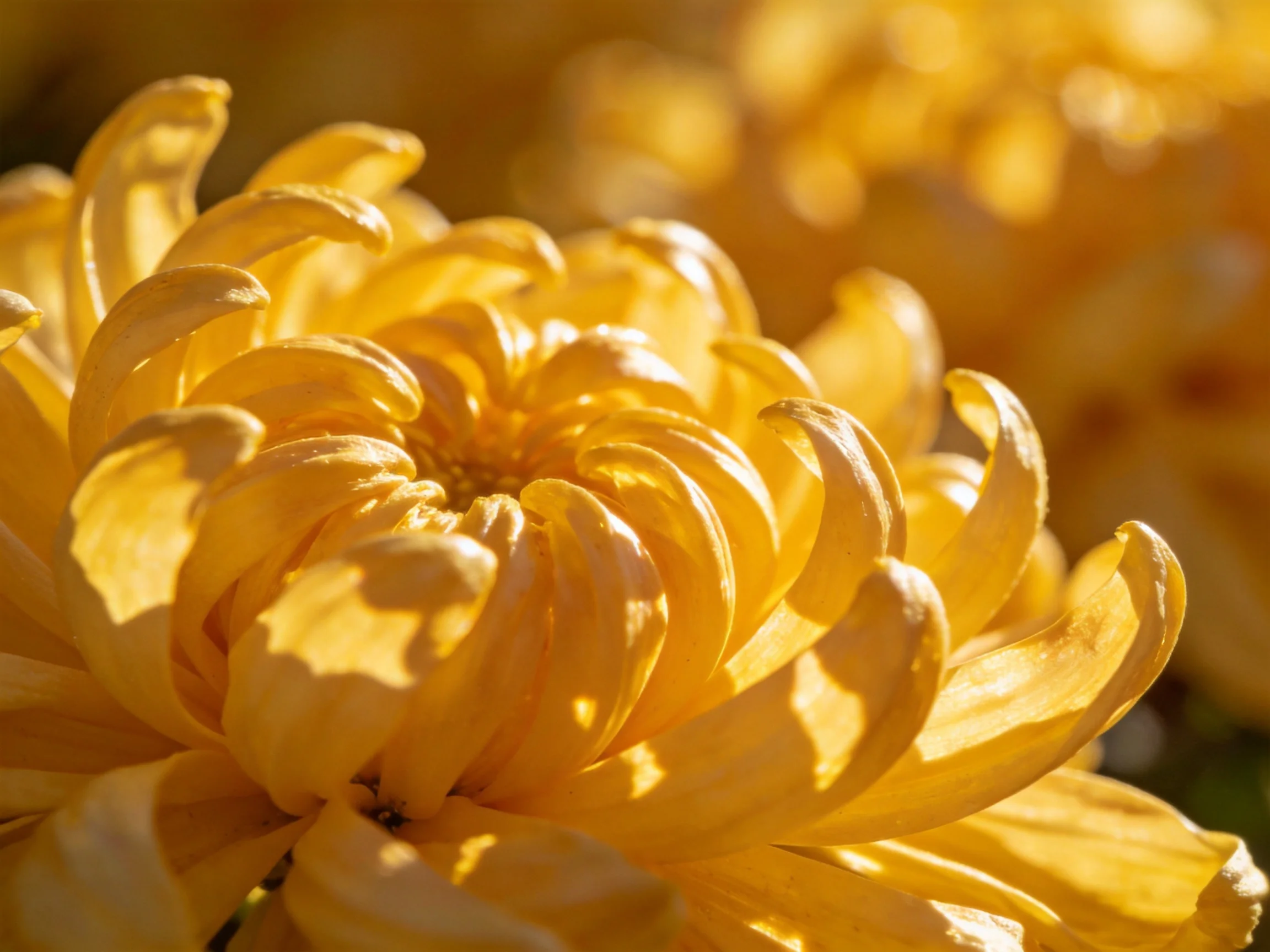 Close - up of golden chrysanthemum blooms under warm sunlight