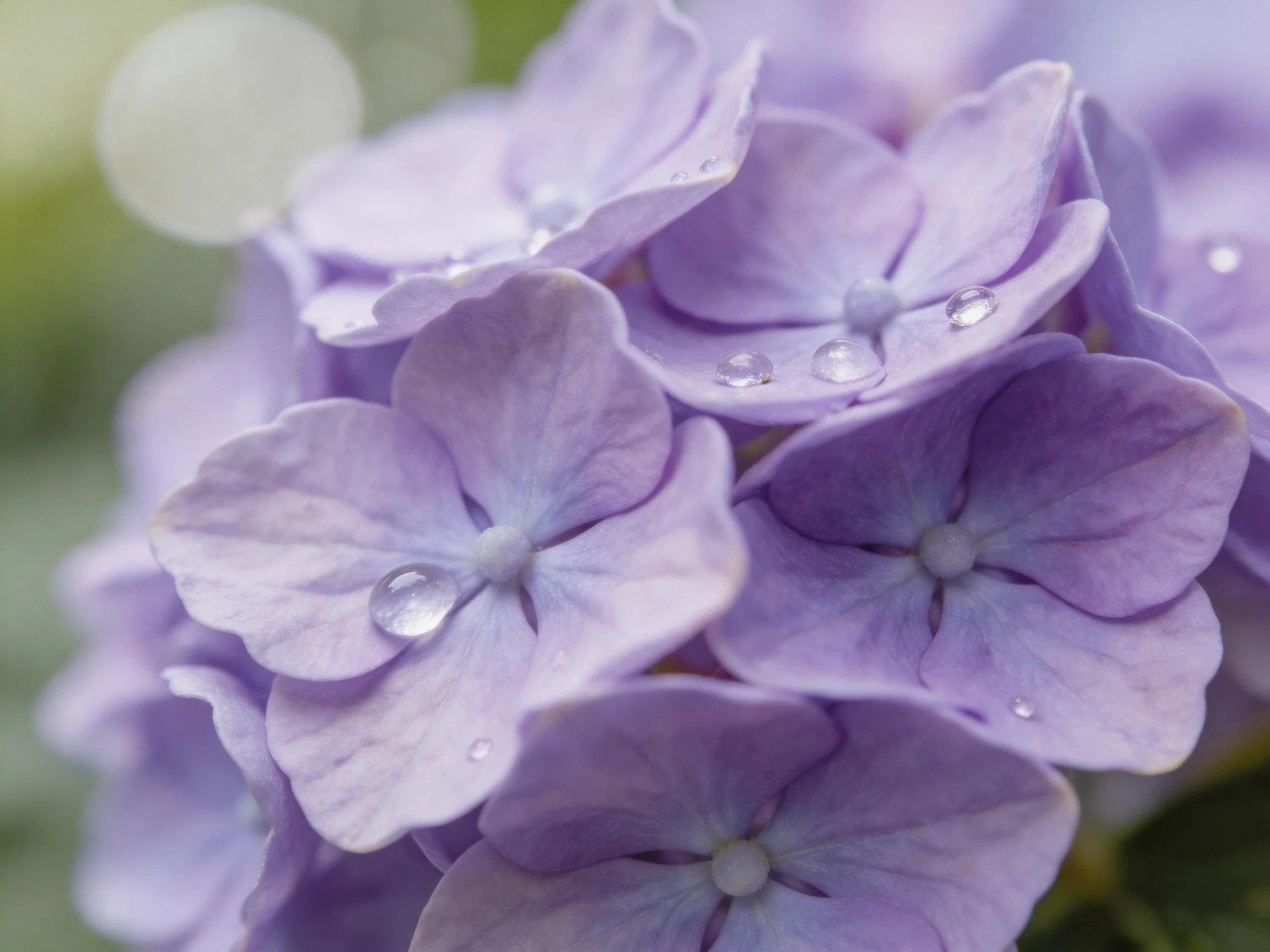 Close - up of lavender hydrangea blooms with water droplets