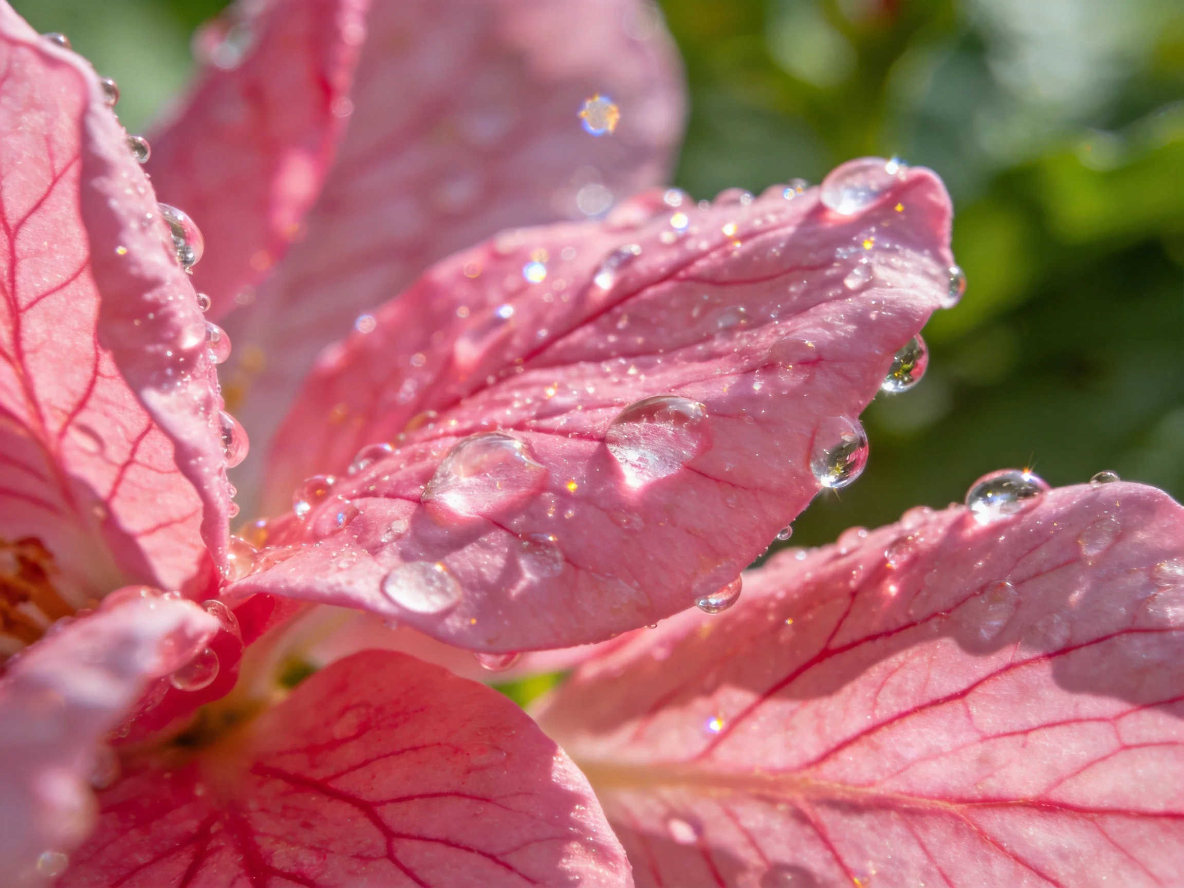 Close-up of pink flower petals with glistening water droplets