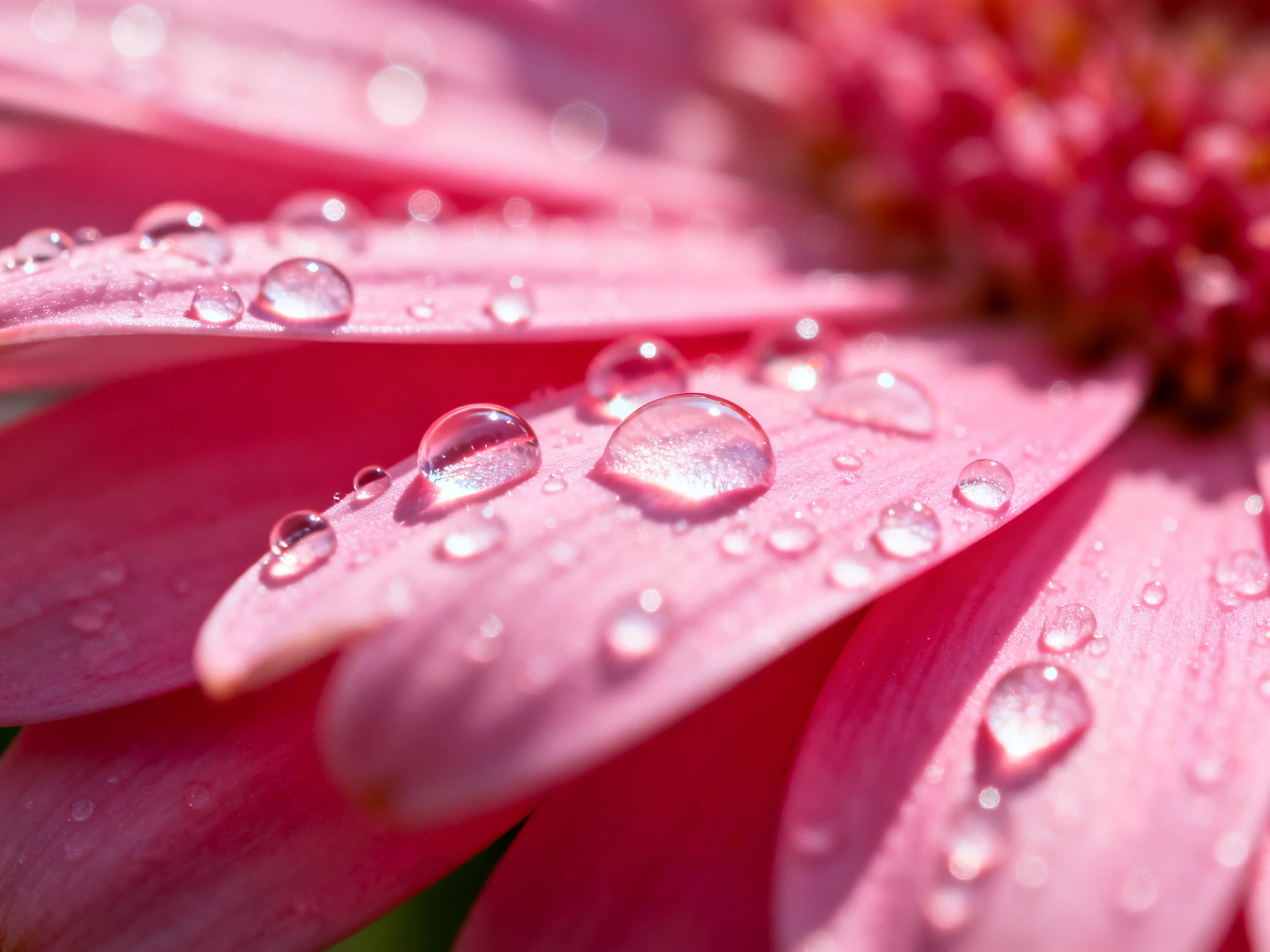 Close-up of pink flower petals with sparkling water droplets