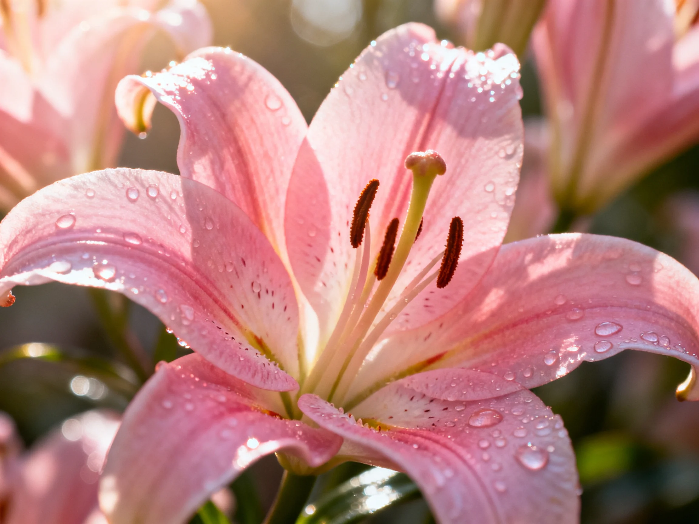 Close - up of pink lily flower with dewdrops