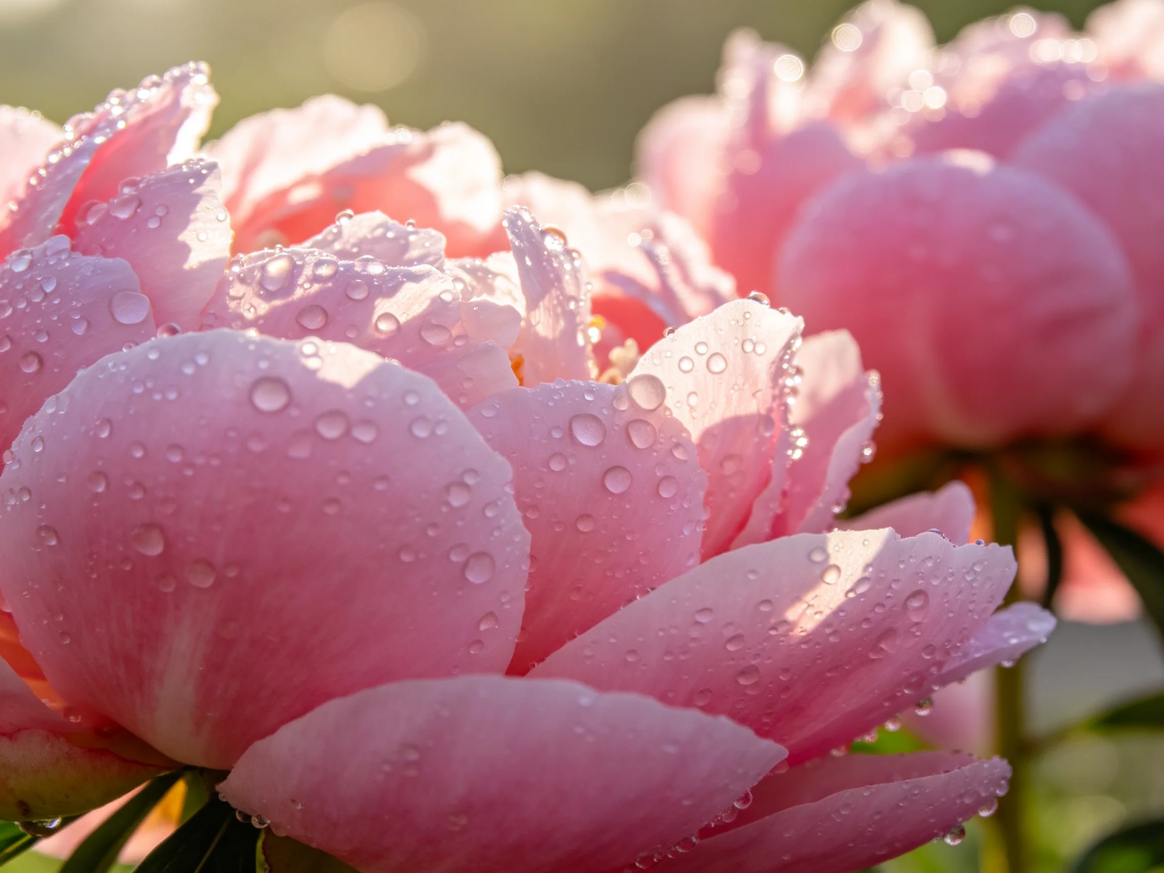 Close - up of pink peonies with glistening dewdrops in soft light