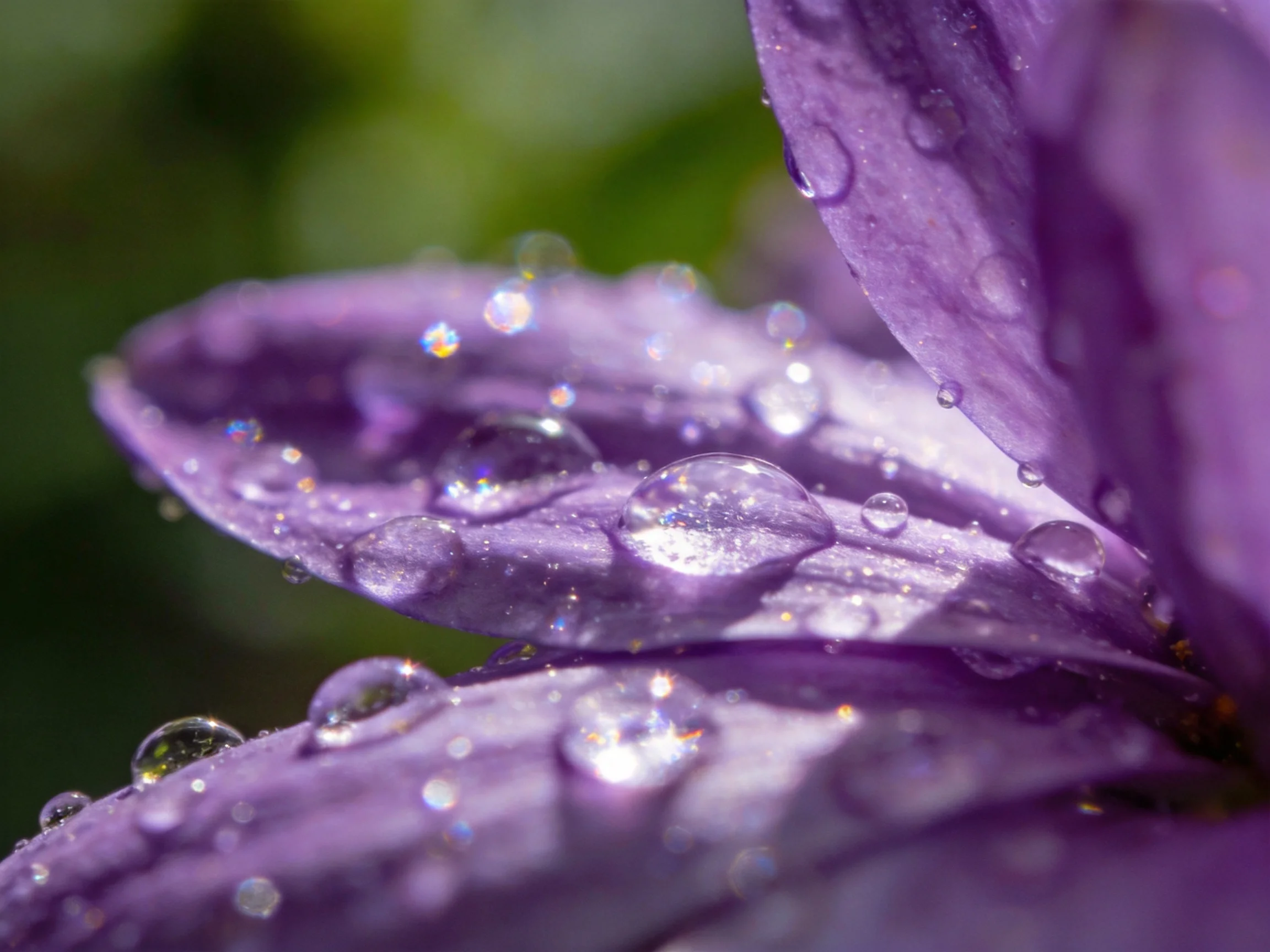 Close-up of purple flower petals with glistening dewdrops