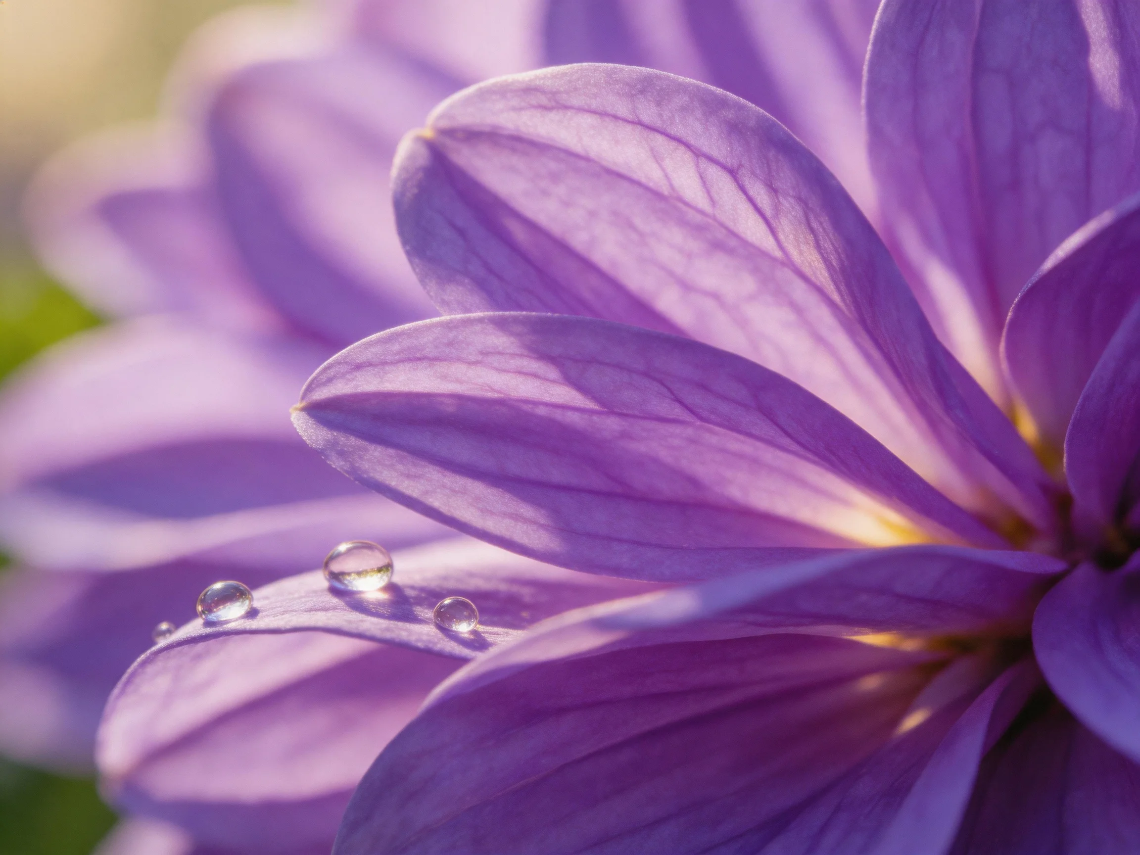 Close-up of purple flower petals with glistening dewdrops, soft natural light