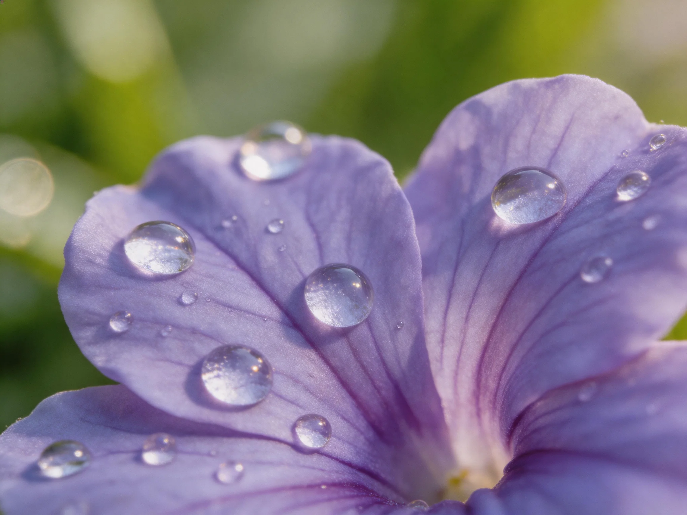 Close-up of purple flower petals with numerous clear water droplets