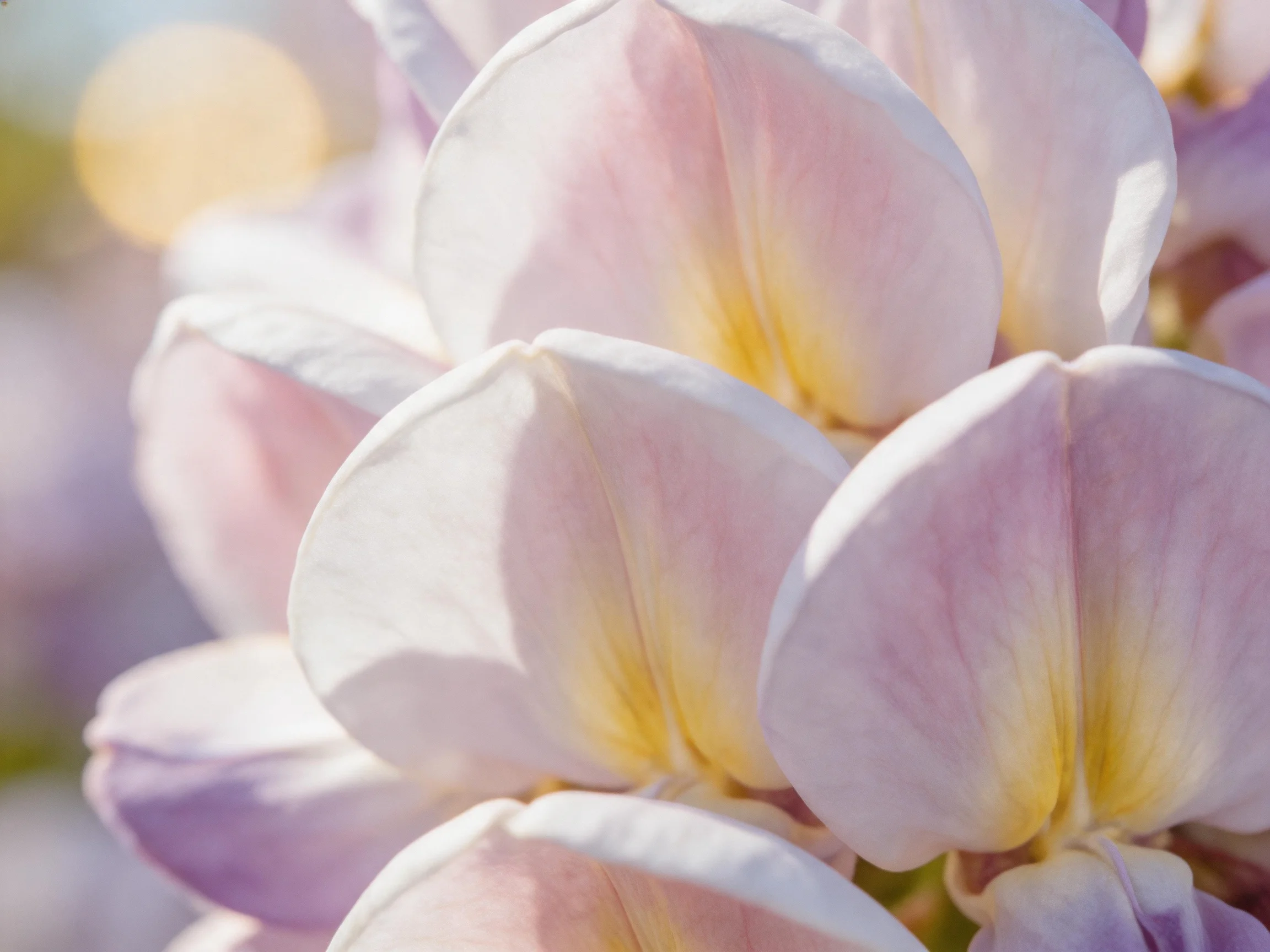 Close-up of soft pink and lavender flower petals with yellow centers