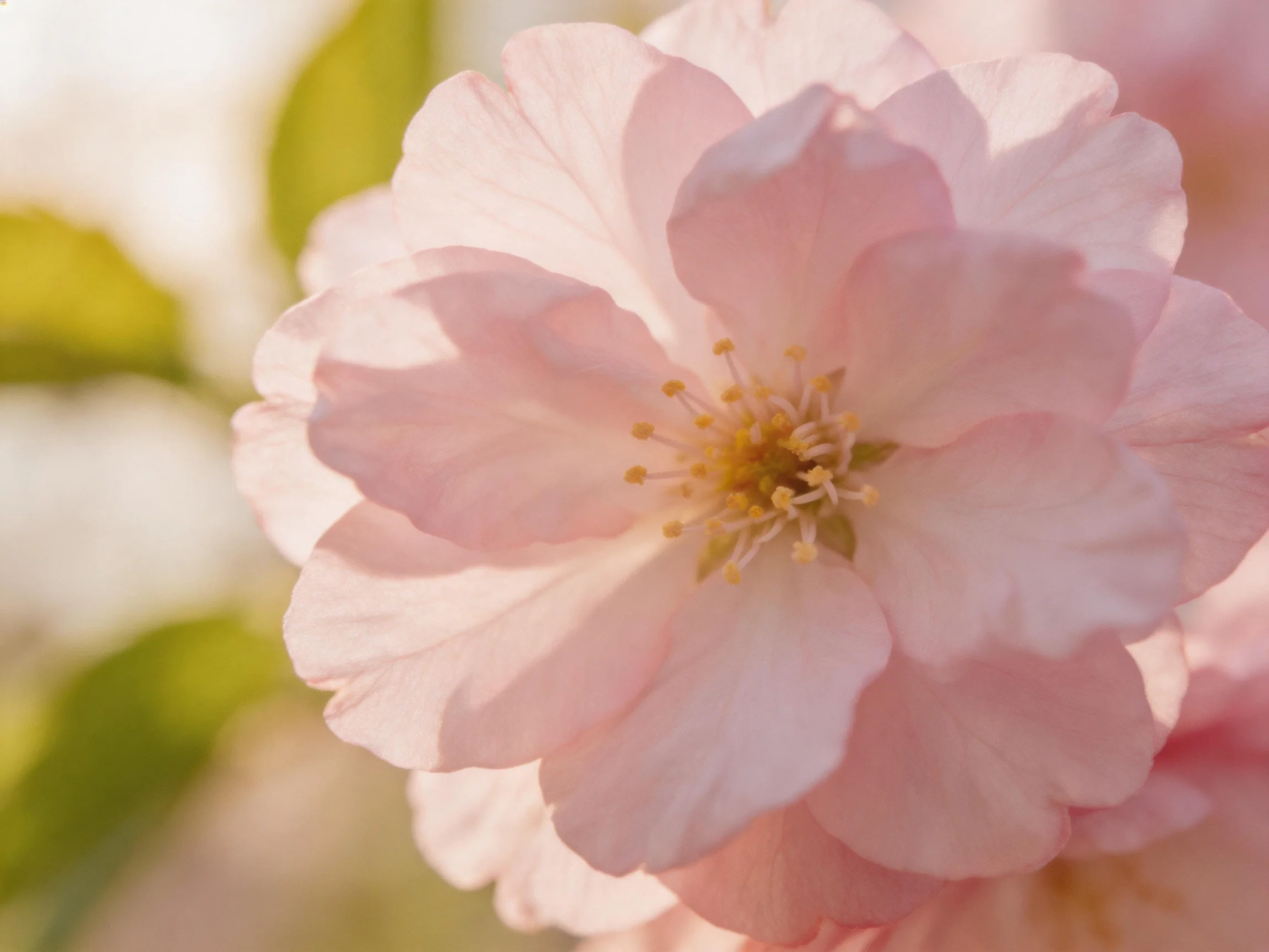 Close-up of soft pink cherry blossom with green foliage in background