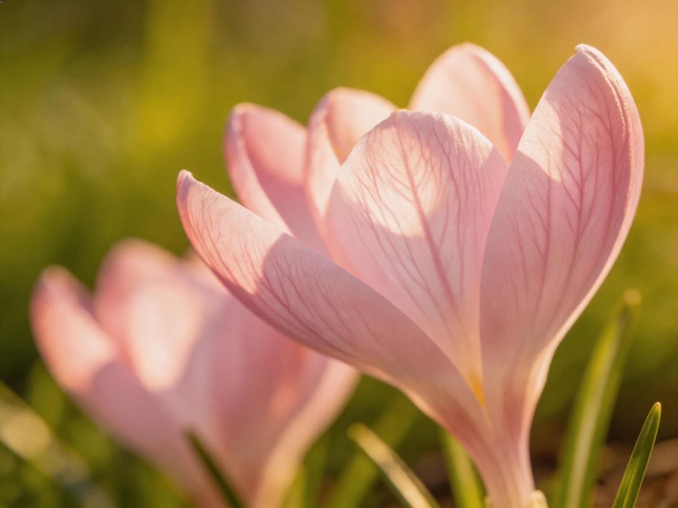 Close-up of soft pink crocus blossoms in a sunlit meadow