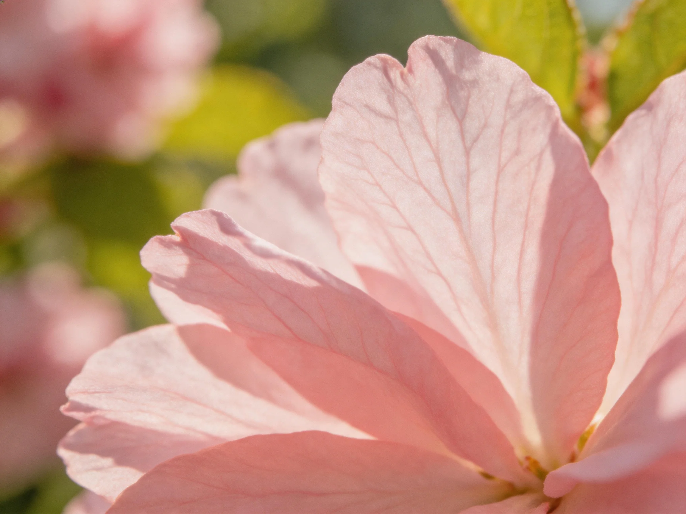 Close-up of soft pink flower petals with green foliage under sunlight