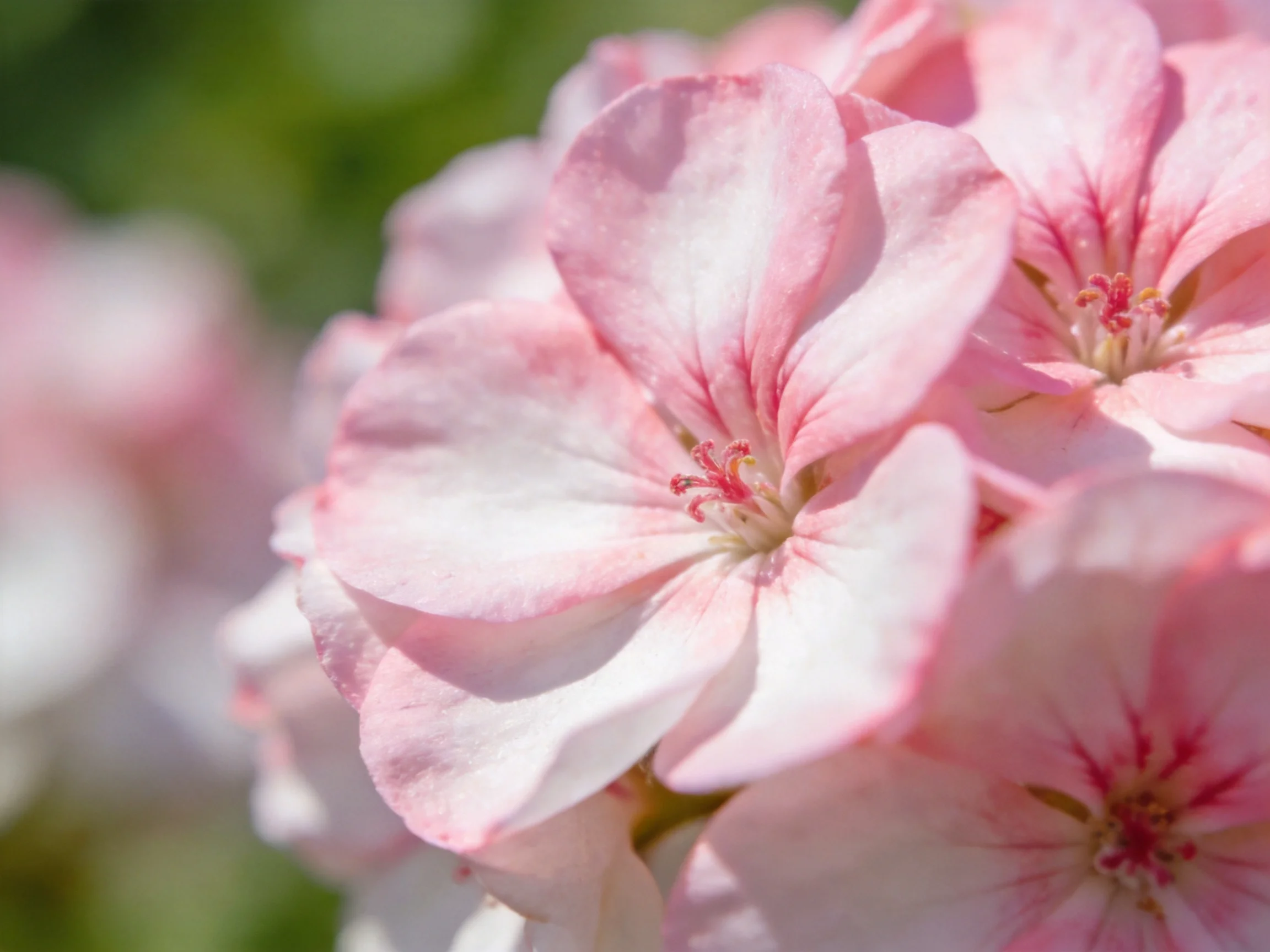 Close - up of soft pink geranium blooms with natural lighting