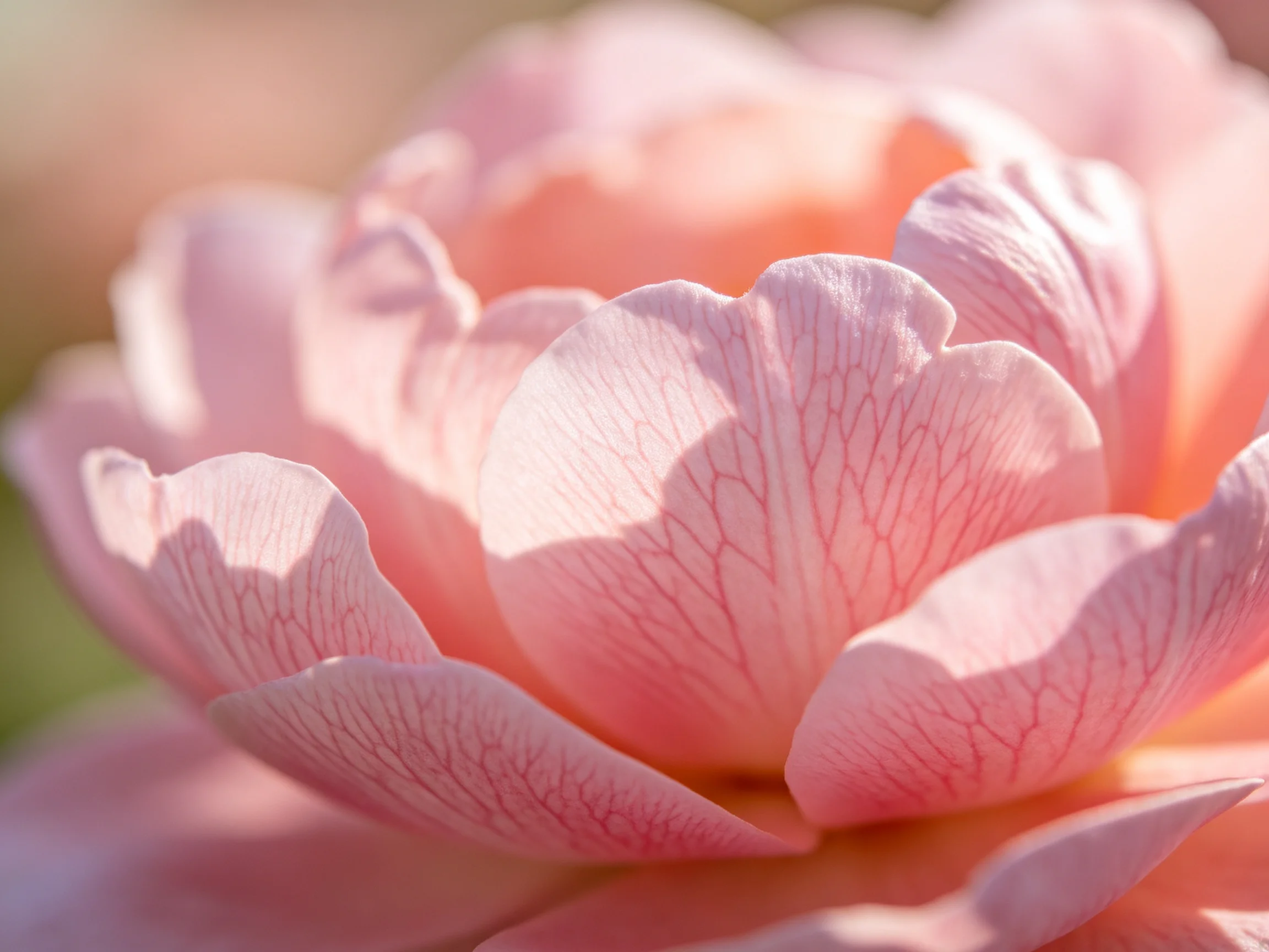 Close-up of soft pink peony petals with delicate veining