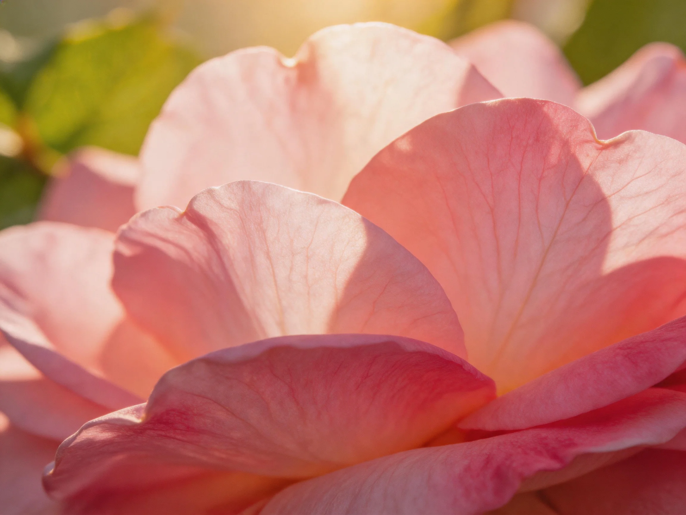 Close - up of soft pink rose petals in warm sunlight