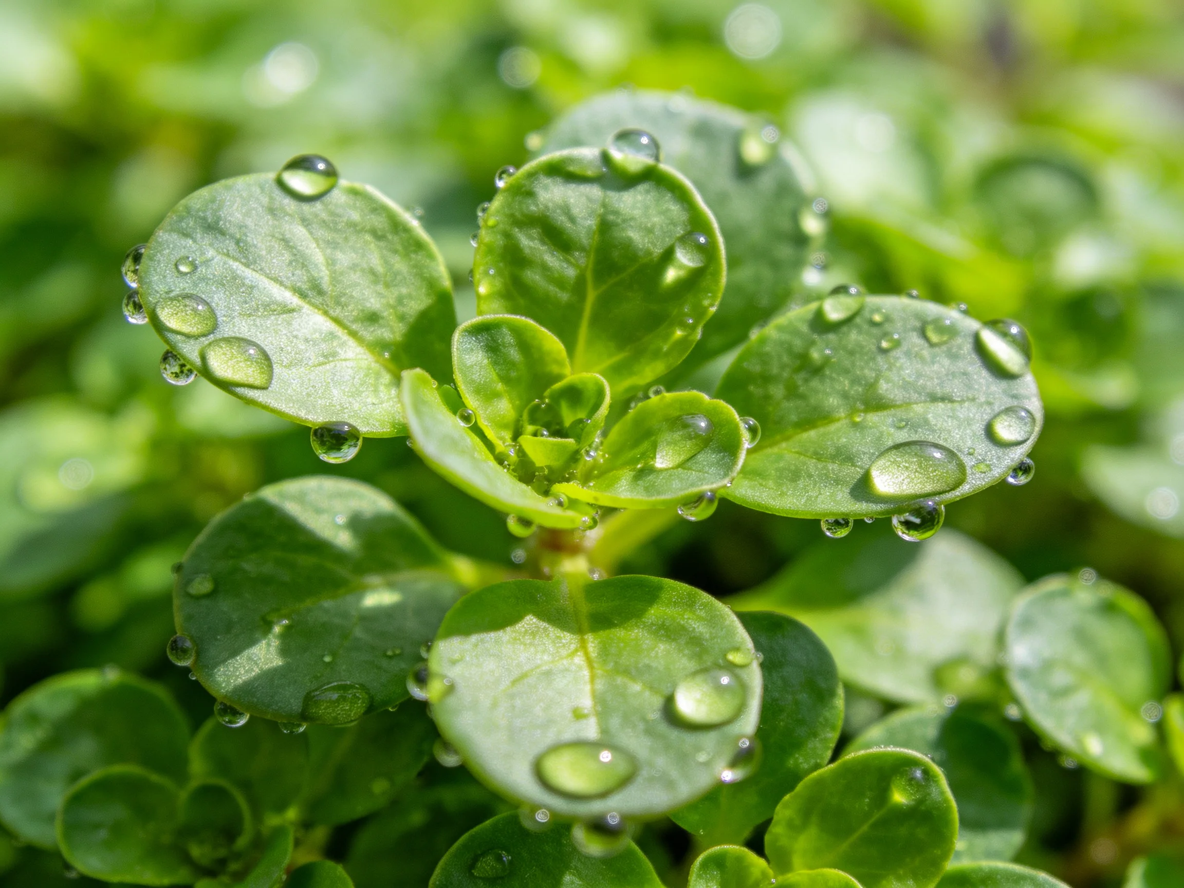 Close - up of vibrant green leaves with glistening water droplets