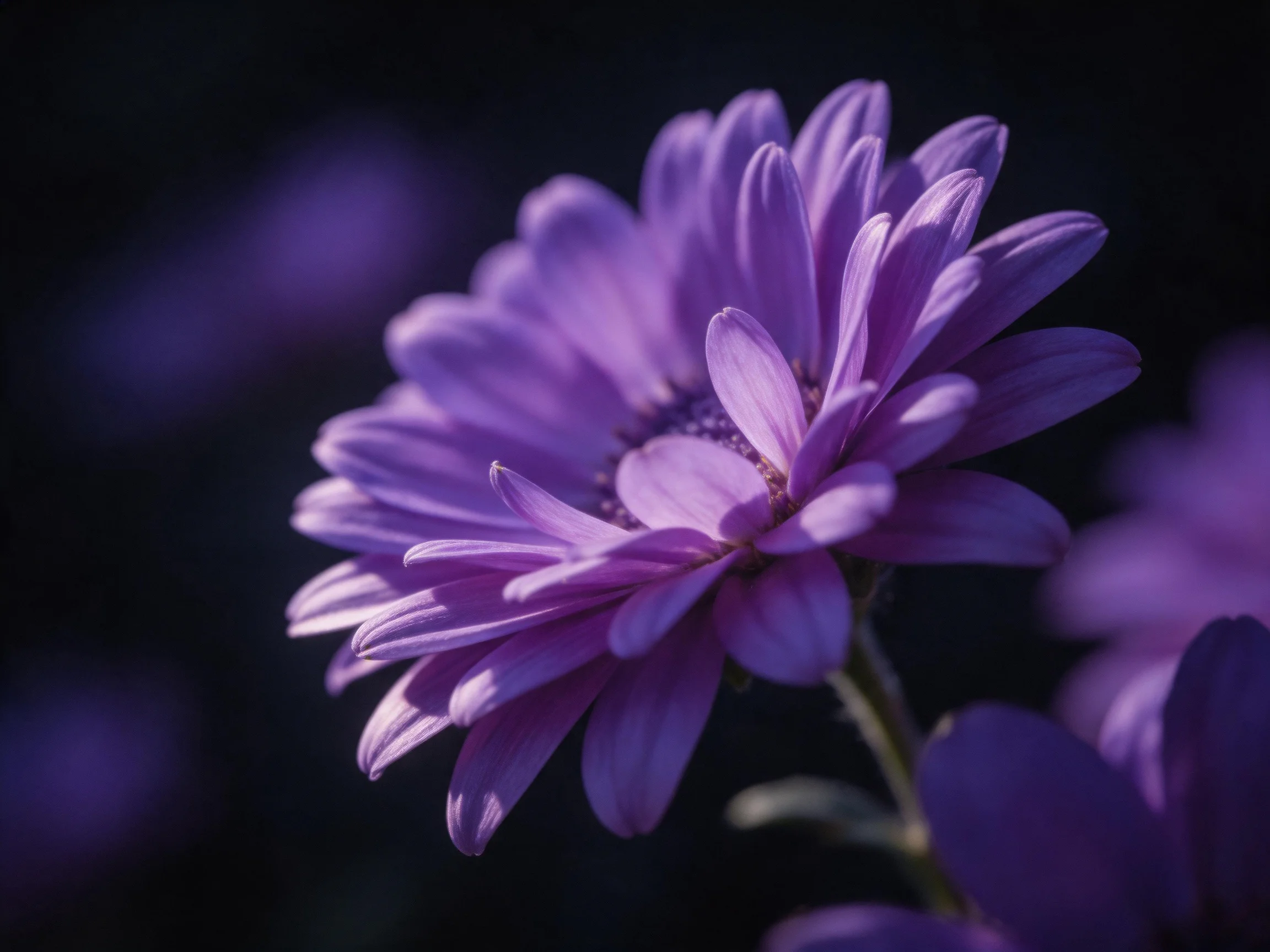 Close - up of vibrant purple daisy - like flowers against dark backdrop