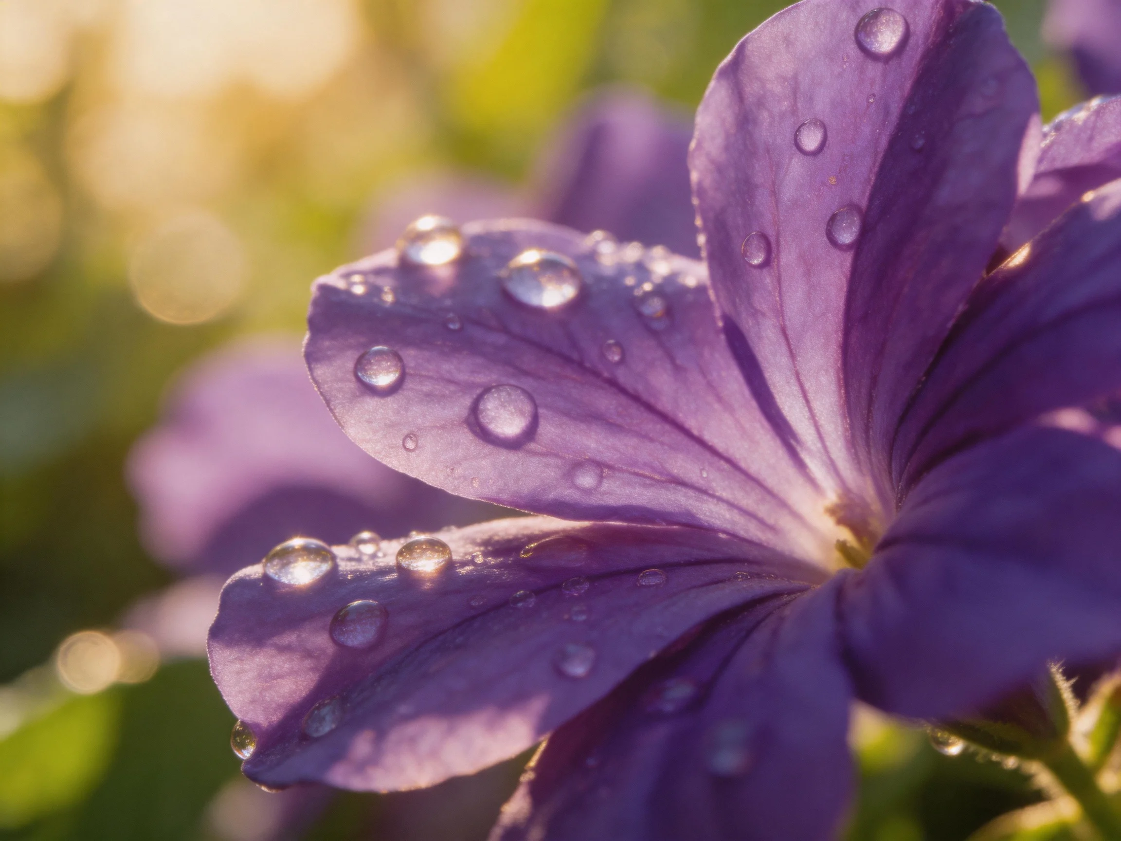 Close - up of vibrant purple flower petals with glistening dewdrops