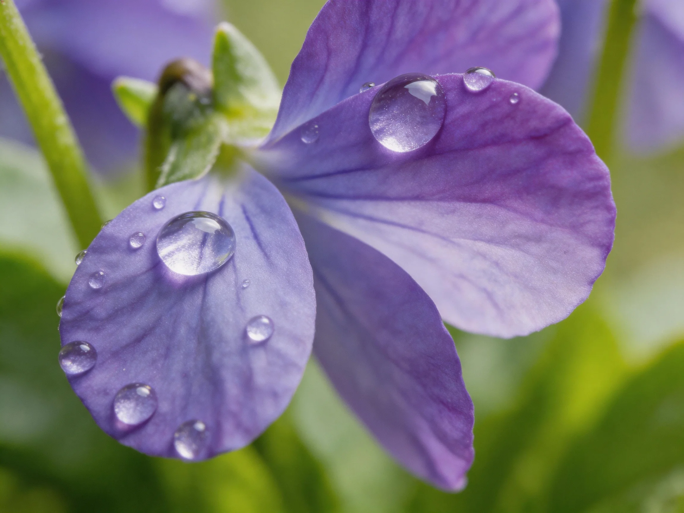 Close-up of vibrant purple flower petals with multiple water droplets