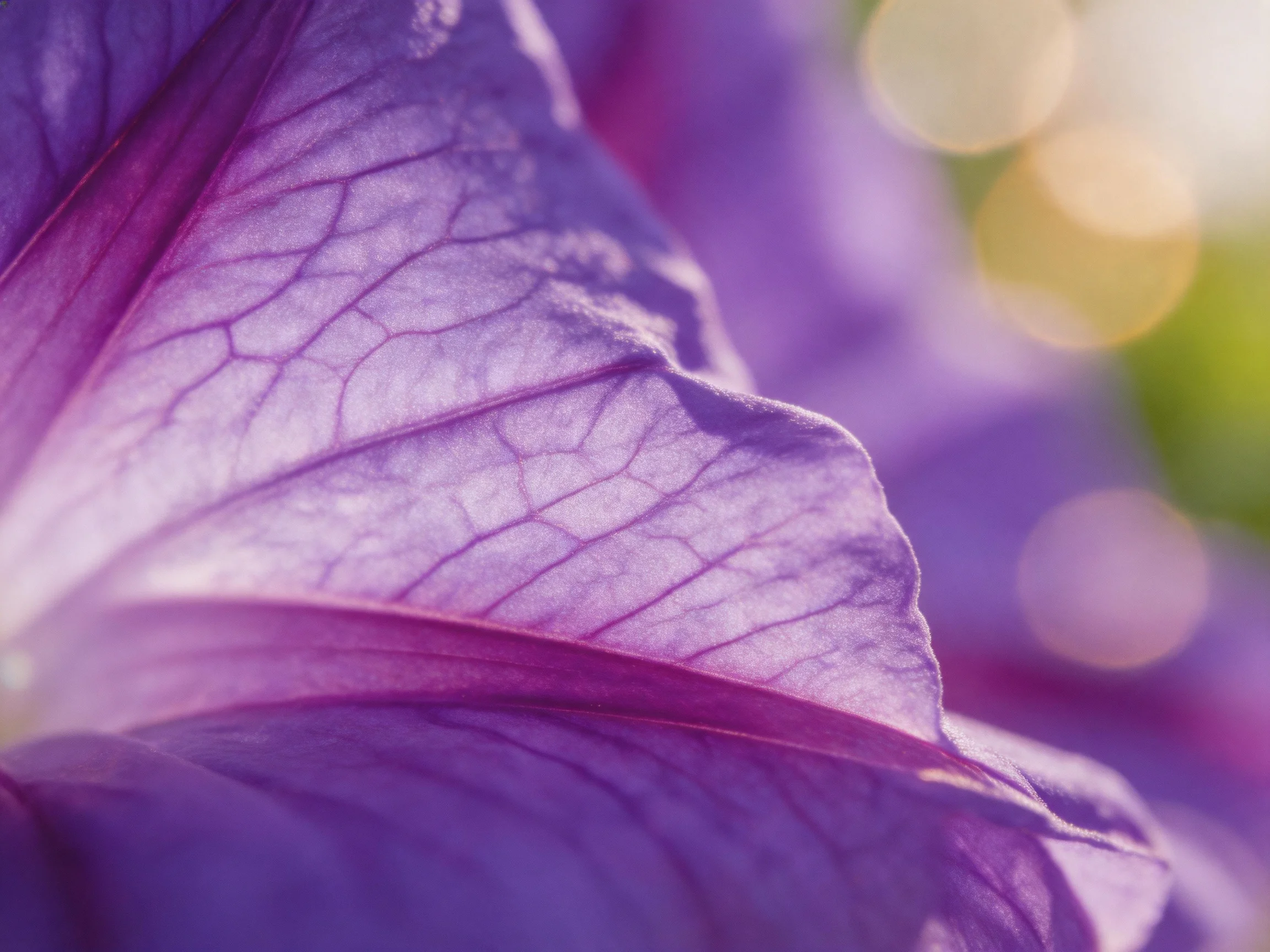 A macro photograph reveals the intricate vein structure of purple flower petals.