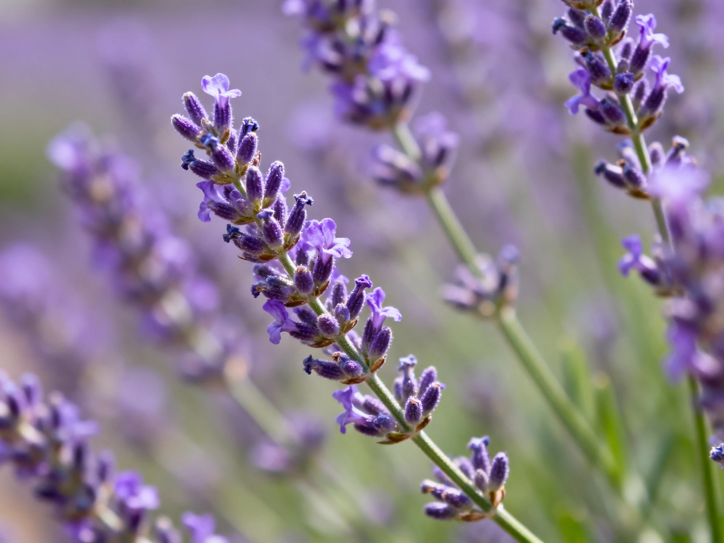 Close-up of vibrant purple lavender blooms in soft focus