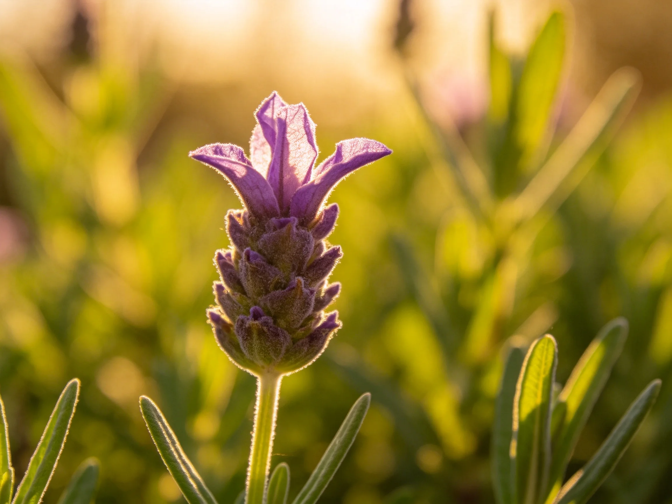 Close-up of vibrant purple lavender bud with green foliage bathed in golden sunlight