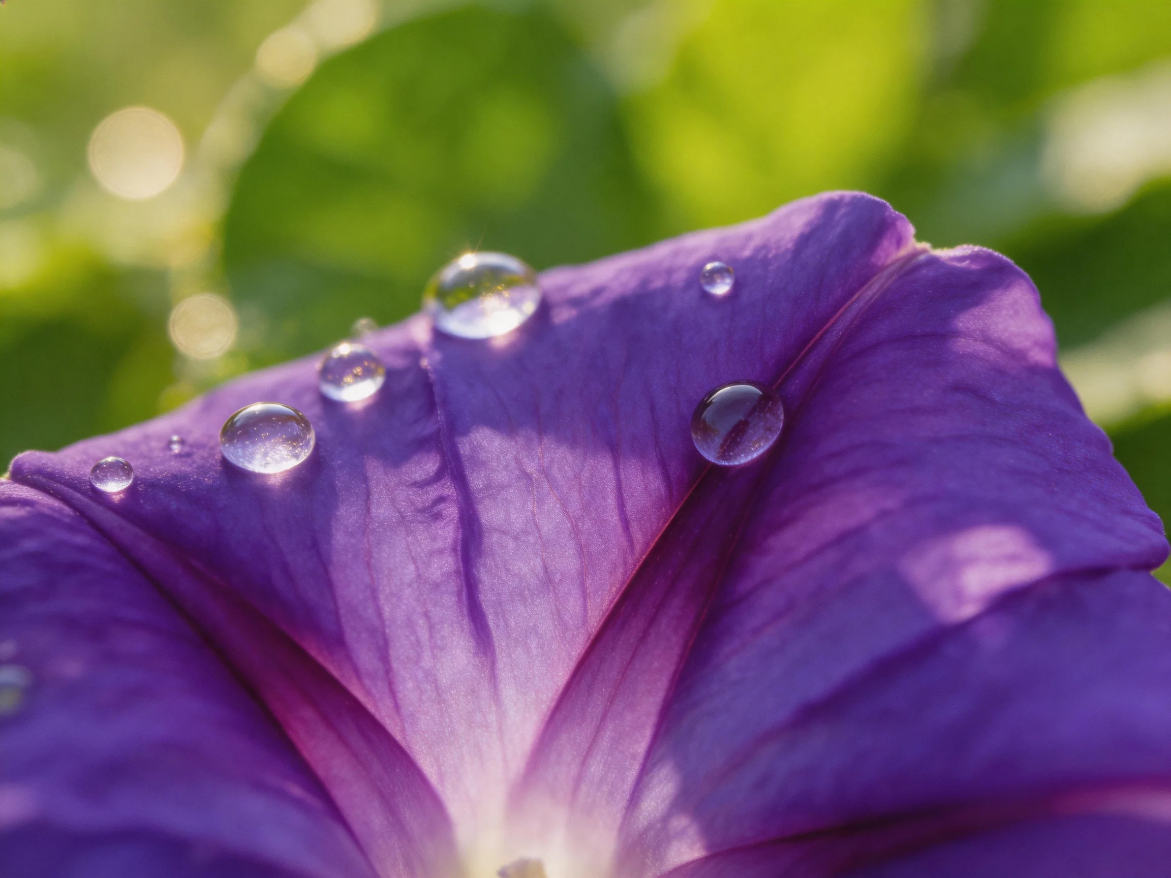 Close-up of vibrant purple petal with multiple water droplets, soft green backdrop