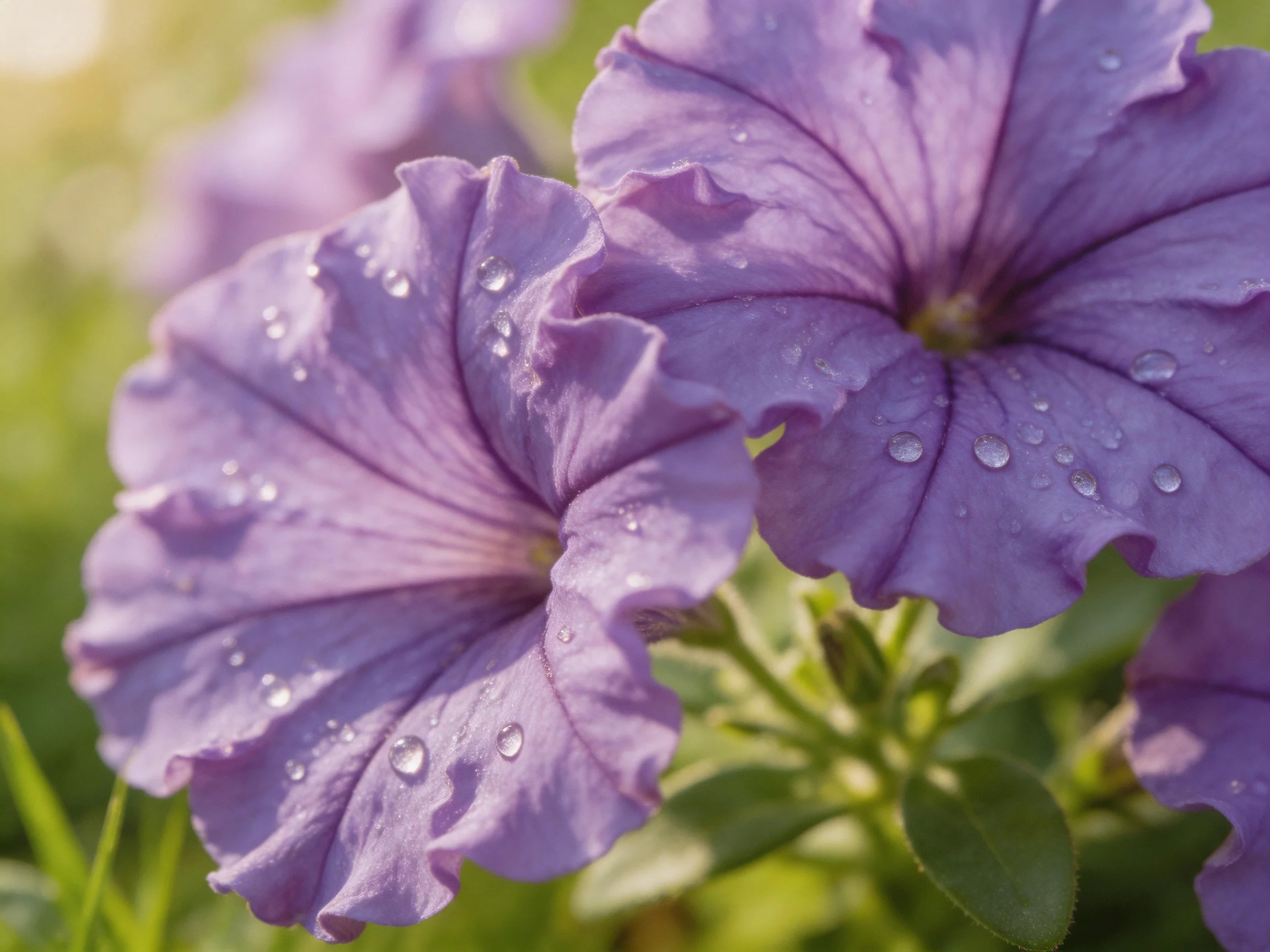 Close-up of vibrant purple petunia flowers with dew drops
