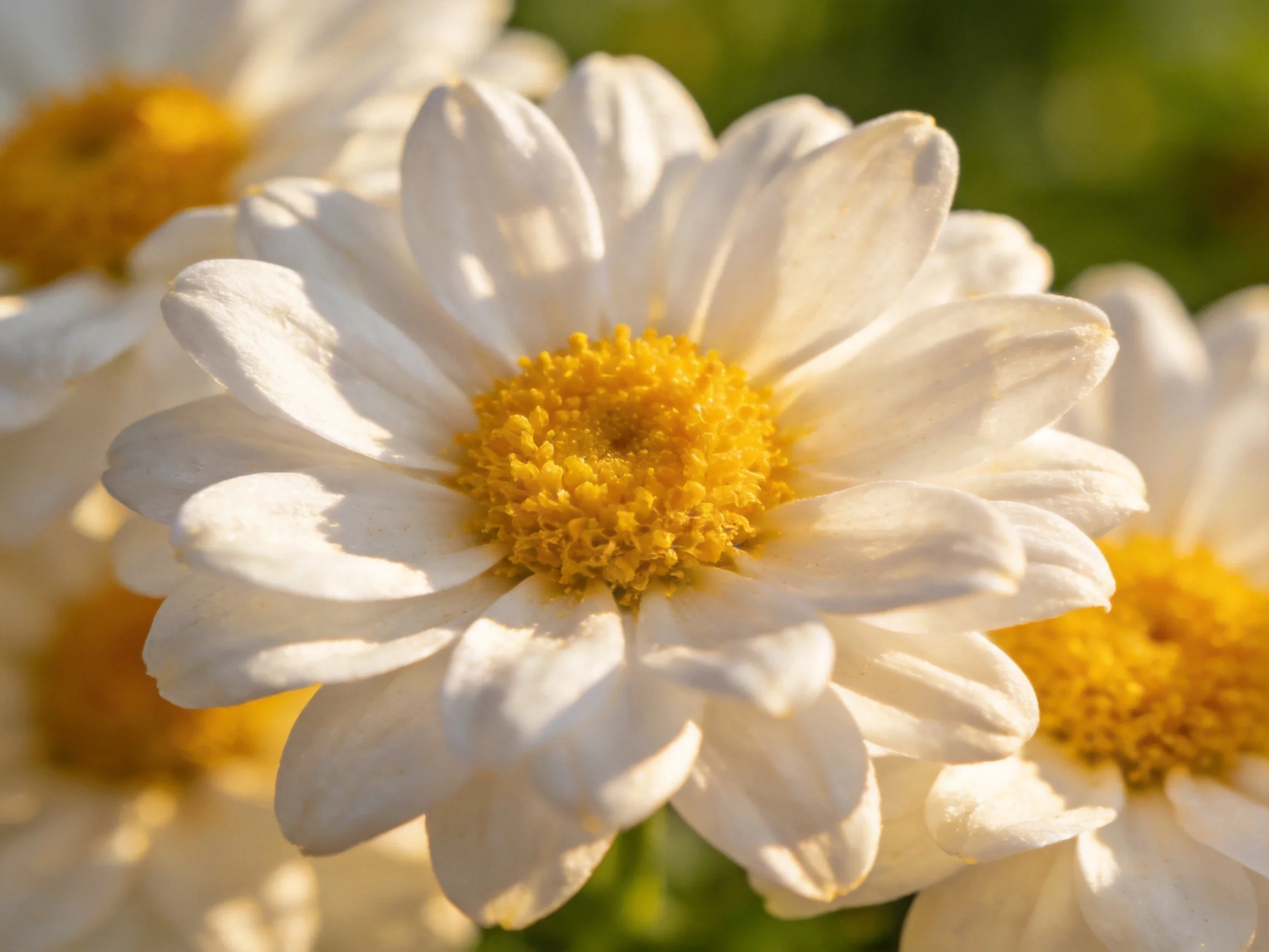 Close-up of white daisies with bright yellow centers against a blurred green background