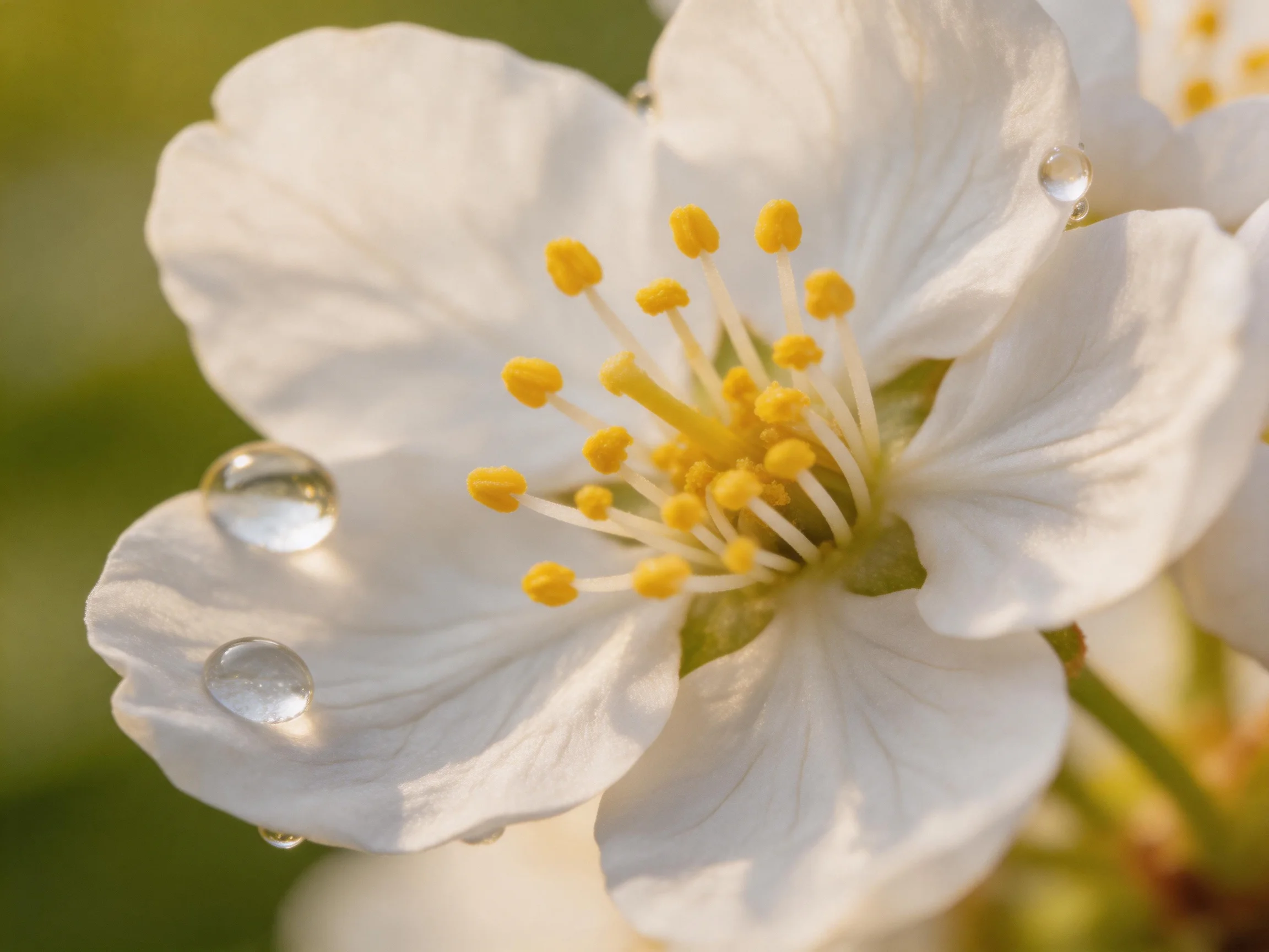 Close - up of white flower with yellow stamens and water droplets